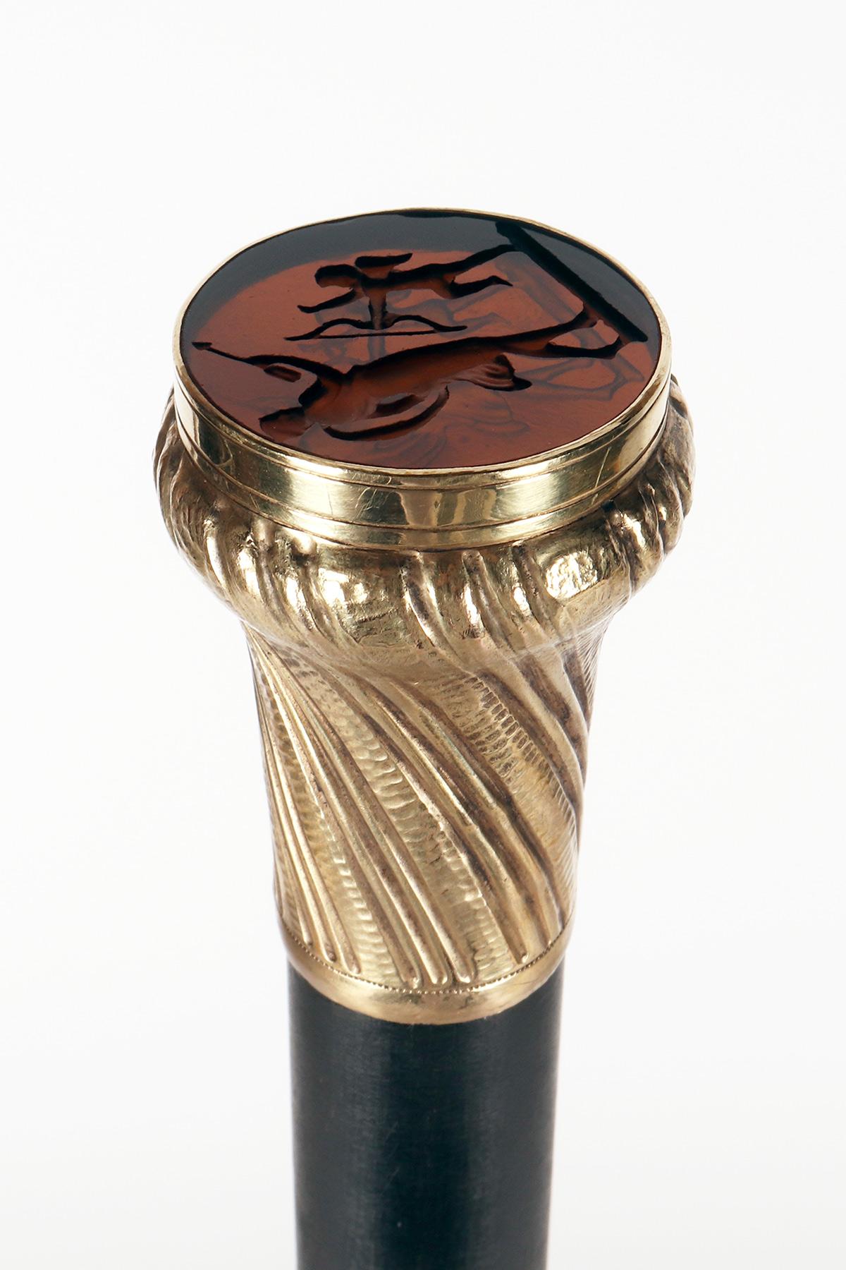 20th Century Walking stick, silver knob with intaglio glass, by Anton Pribil, Austria 1900. For Sale