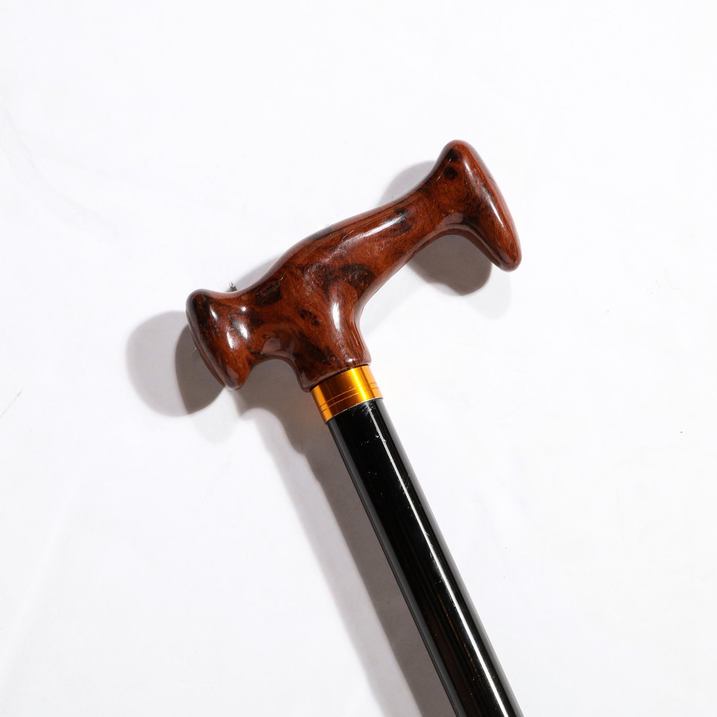 Mid-20th Century Walking Stick W/ Faux Burled Wood Handle and Black Enameled Body  For Sale