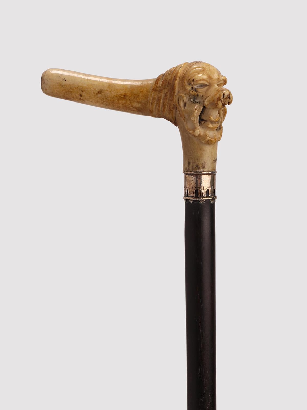 Bastone da passeggio Folk Art: manico intagliato a spina di pesce, raffigurante la caricatura di un vecchio con un grande naso. Fascia liscia in argento. Albero in palissandro. Francia, circa 1880.