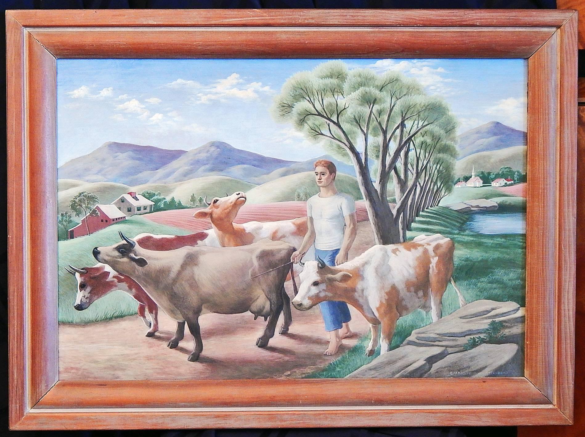 „Walking the Cows“ wichtiges sozial-realistisches Gemälde von Sternberg, 1944 (Farbe) im Angebot