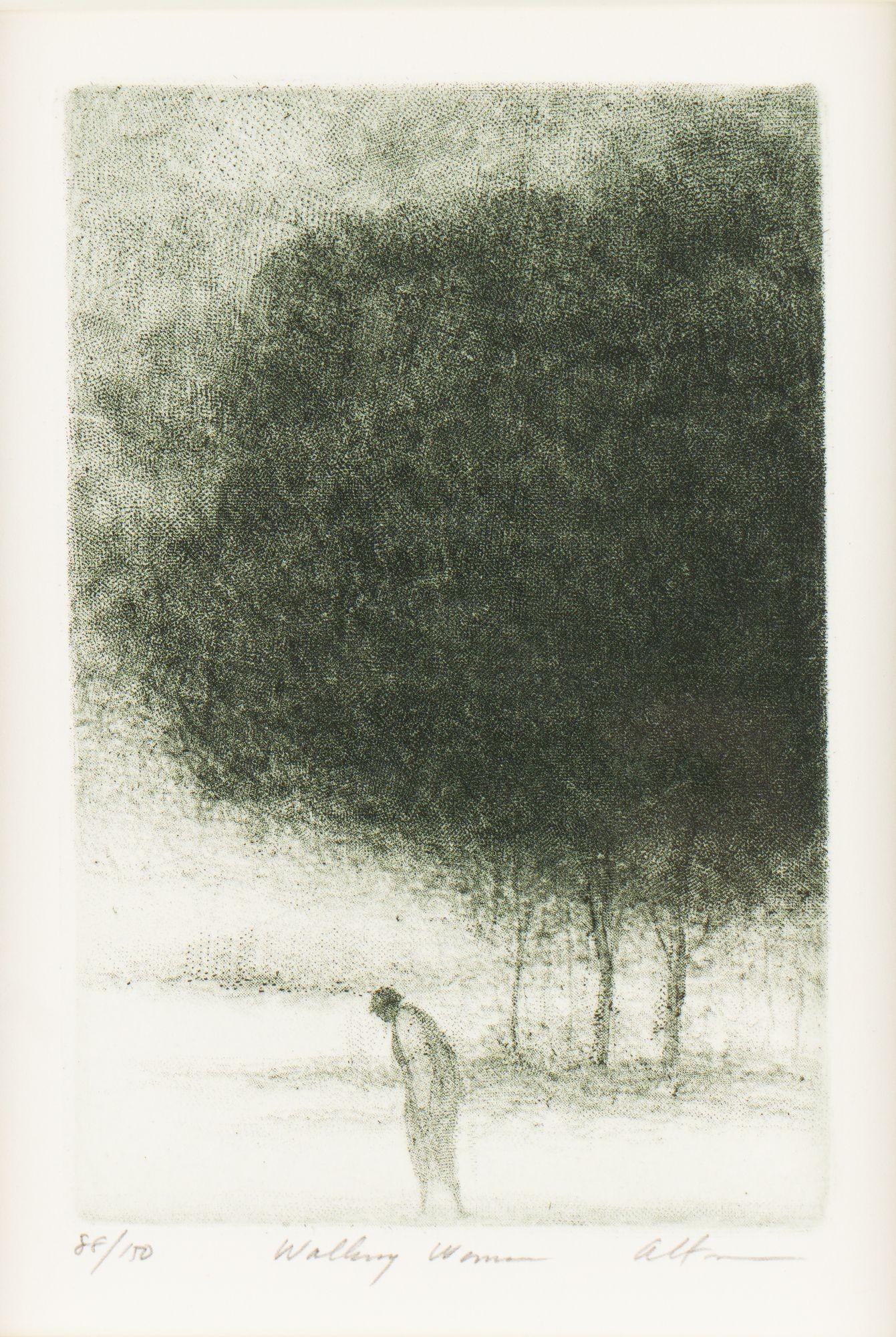Incisione su carta dalla serie di opere di Altman incentrate sulla vita a Central Park, New York City. La composizione è dominata dal grande gruppo di alberi sullo sfondo e dalla figura solitaria di una donna che attraversa la scena sotto il