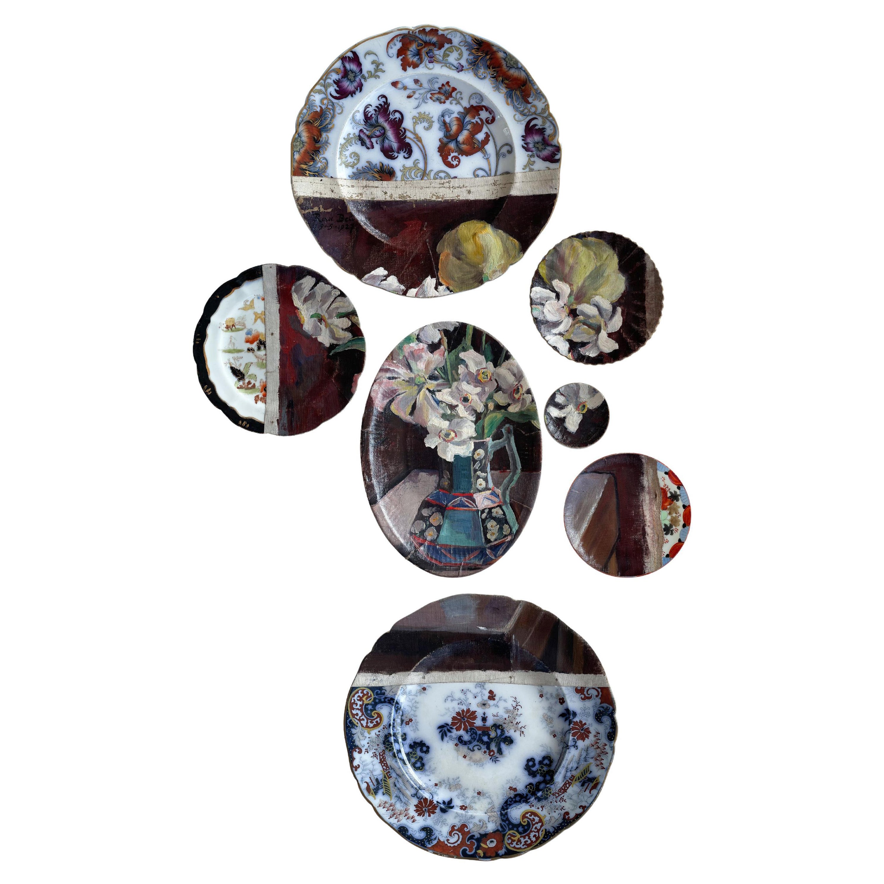 Wall Art Installation: Ceramic Plates and Oil on Canvas - "Bouquet of Narcissus" For Sale