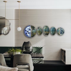 Wall Art Installation: Plates with Oil on Canvas "Landscape in Blue and Green"