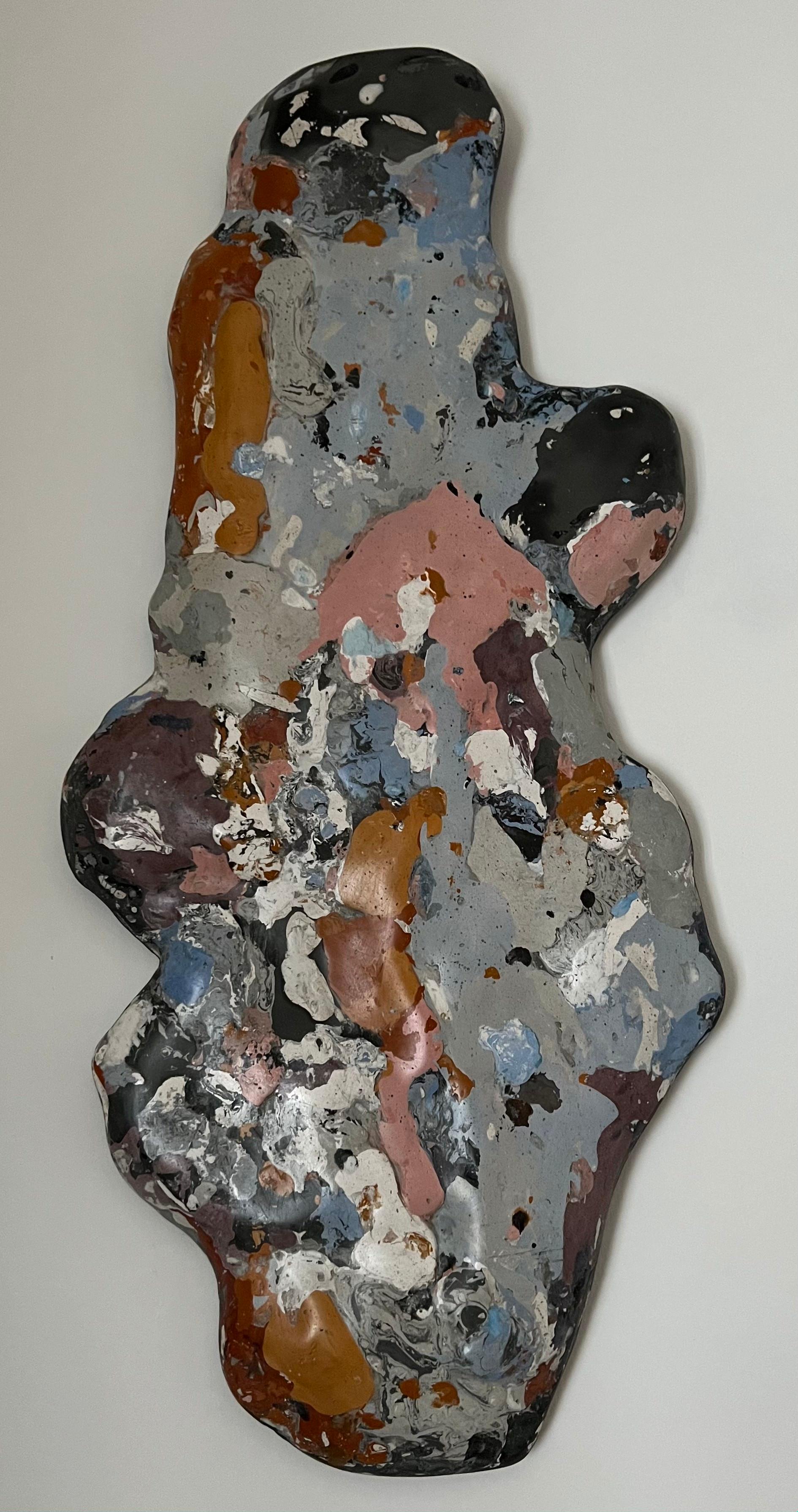 One of a kind multicolour wall art piece, hand crafted in stucco marmo. 
Due to the nature of the process, any shape, form or figure can unintentionally emerge from the organic mass. Thus the end result makes for an intriguing and entertaining