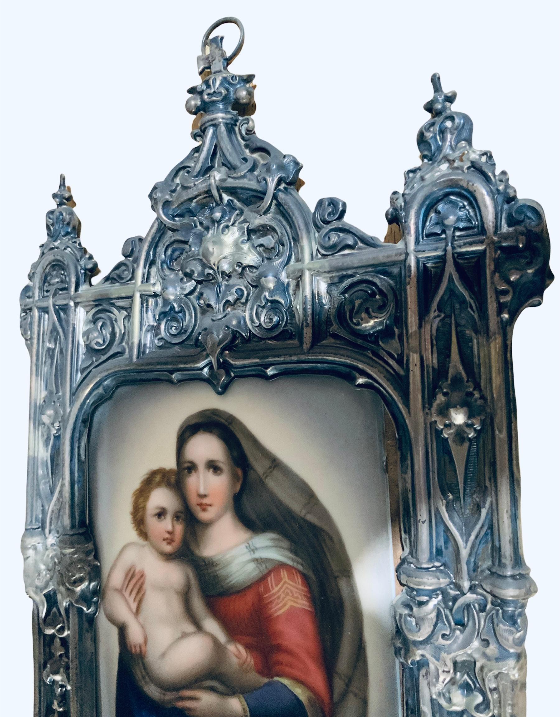 Renaissance Wall Brass Holy Water Font Hand Painted Porcelain of the Sistine Madonna For Sale