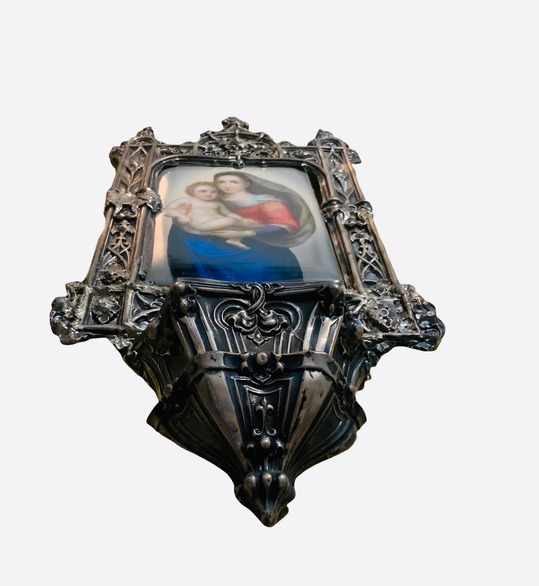 Hand-Crafted Wall Brass Holy Water Font Hand Painted Porcelain of the Sistine Madonna For Sale