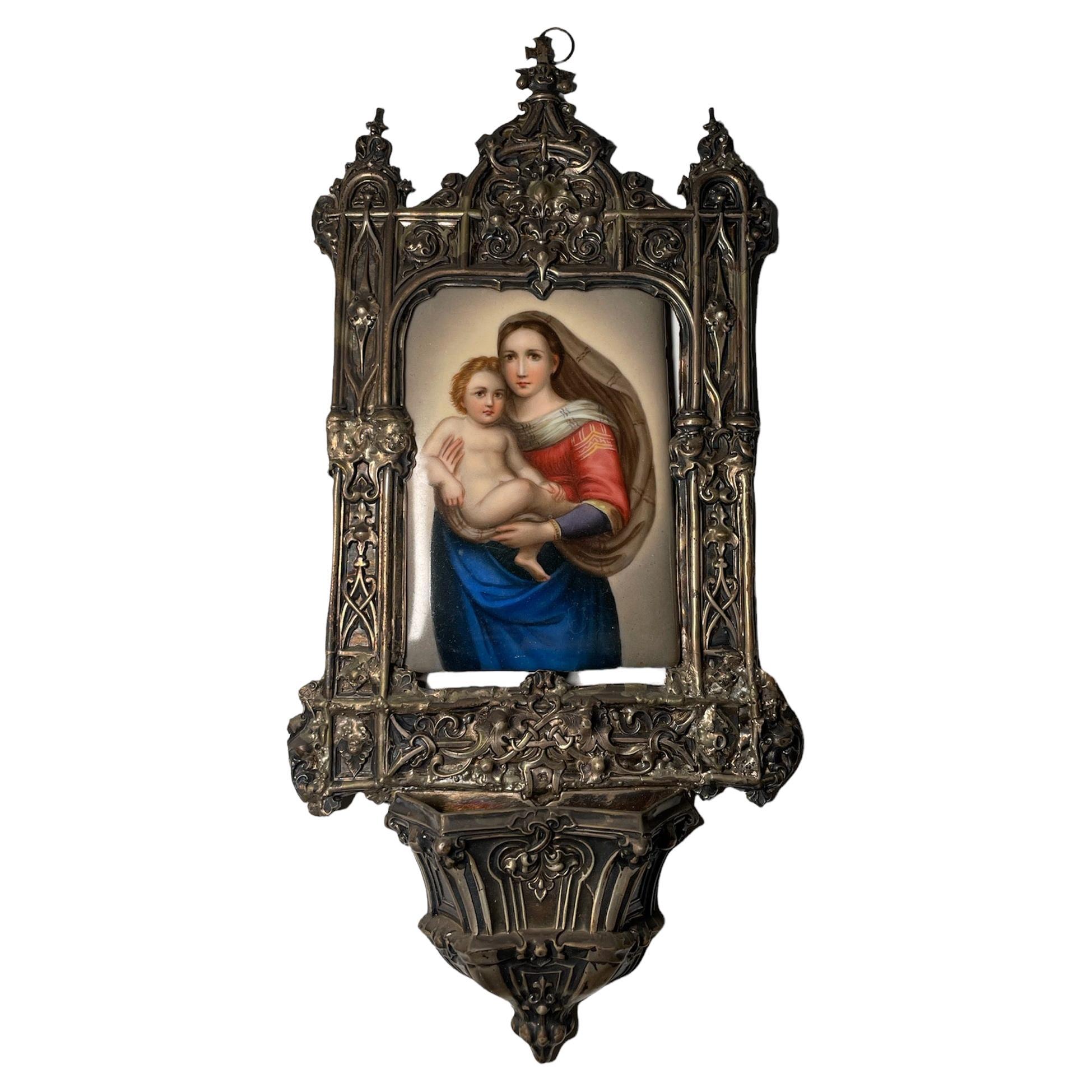 Wall Brass Holy Water Font Hand Painted Porcelain of the Sistine Madonna For Sale