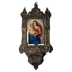 Wall Brass Holy Water Font Hand Painted Porcelain of the Sistine Madonna