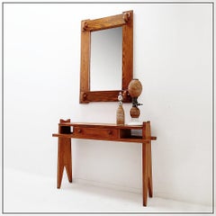Wall brutalist mirror with solid wood frame - 1960s