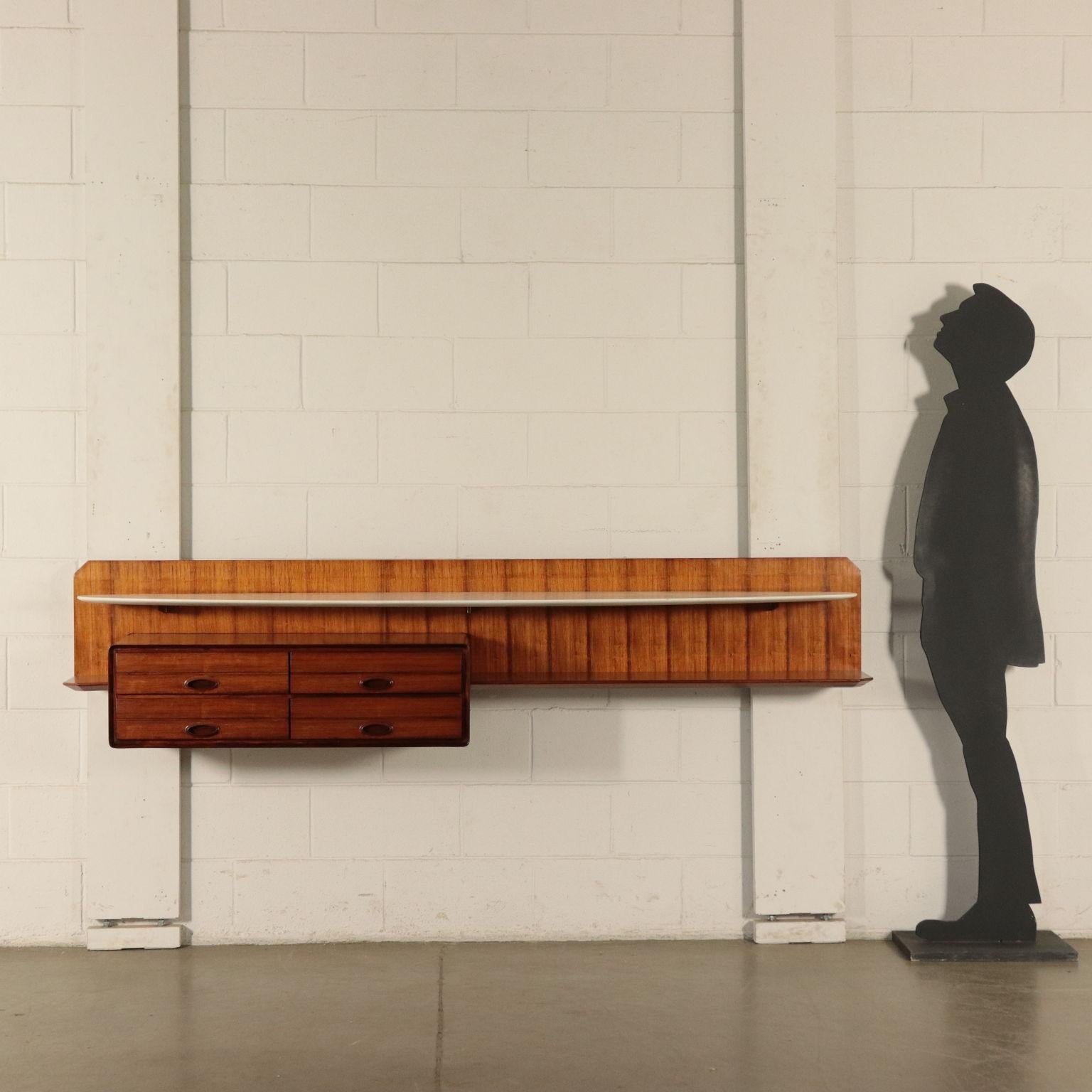 Wall cabinet with marble open shelf; rosewood veneered wood, brass shelfs. Good conditions, shows small signs of wear.