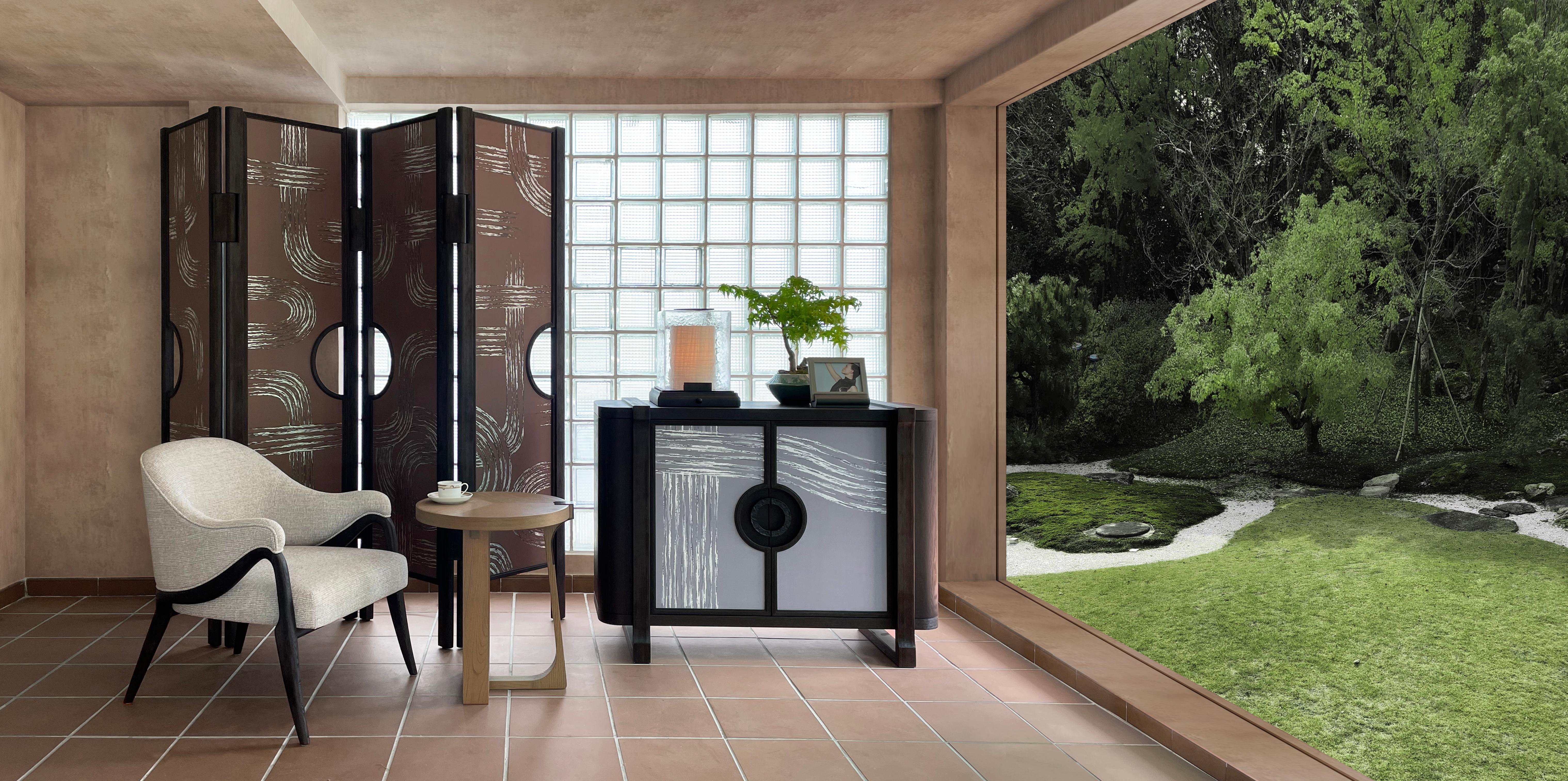 Oak Wall Cabinet with De Gournay Covering Art Déco Garden André Fu Living Storage For Sale