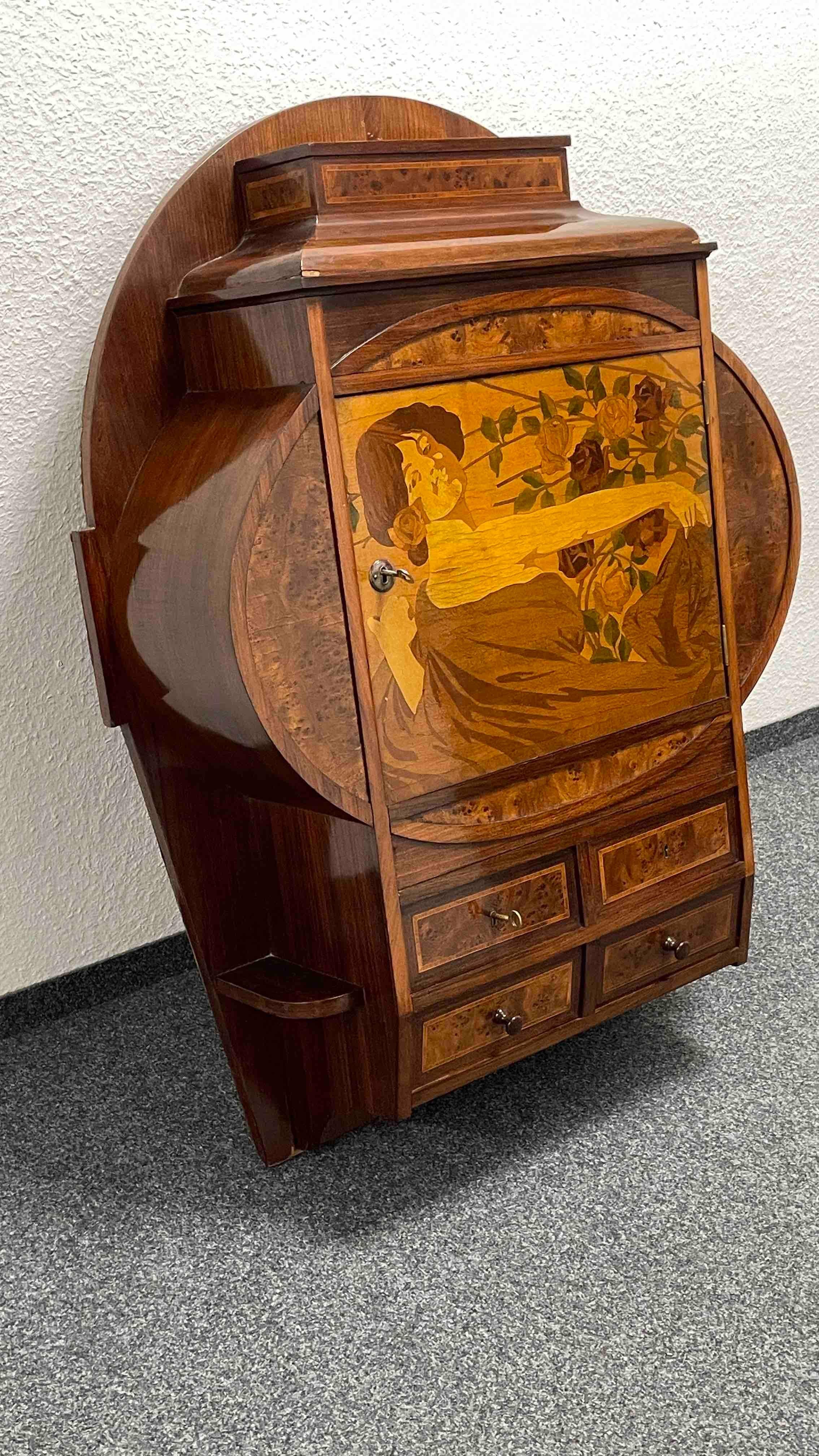 Wall Cabinet with Marquetry Inlays and Drawer Art Nouveau Vienna Austria, 1900s For Sale 8