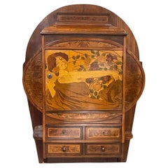 Antique Wall Cabinet with Marquetry Inlays and Drawer Art Nouveau Vienna Austria, 1900s