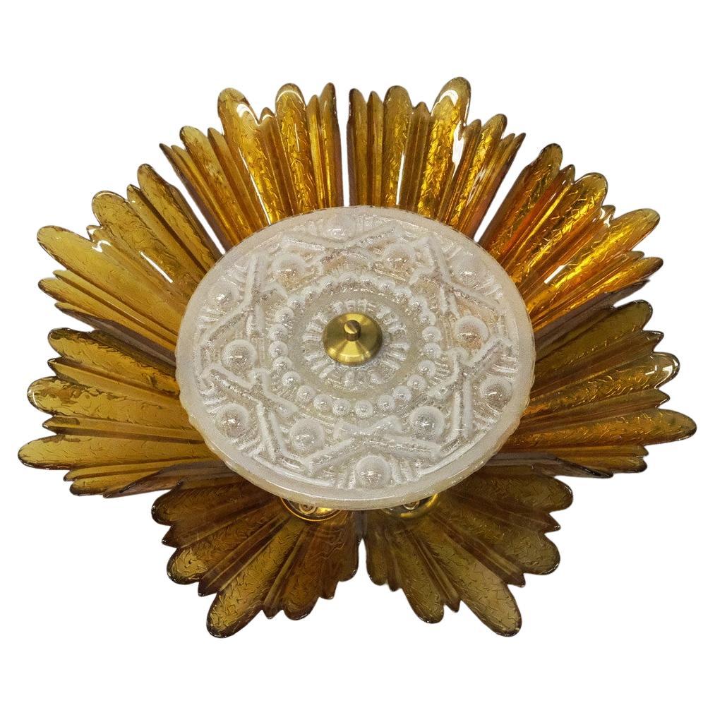 Flush mount - Ceiling light - Glass and brass - Circa 1970 For Sale
