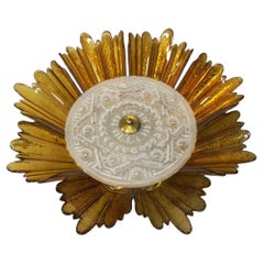 Vintage Flush mount - Ceiling light - Glass and brass - Circa 1970