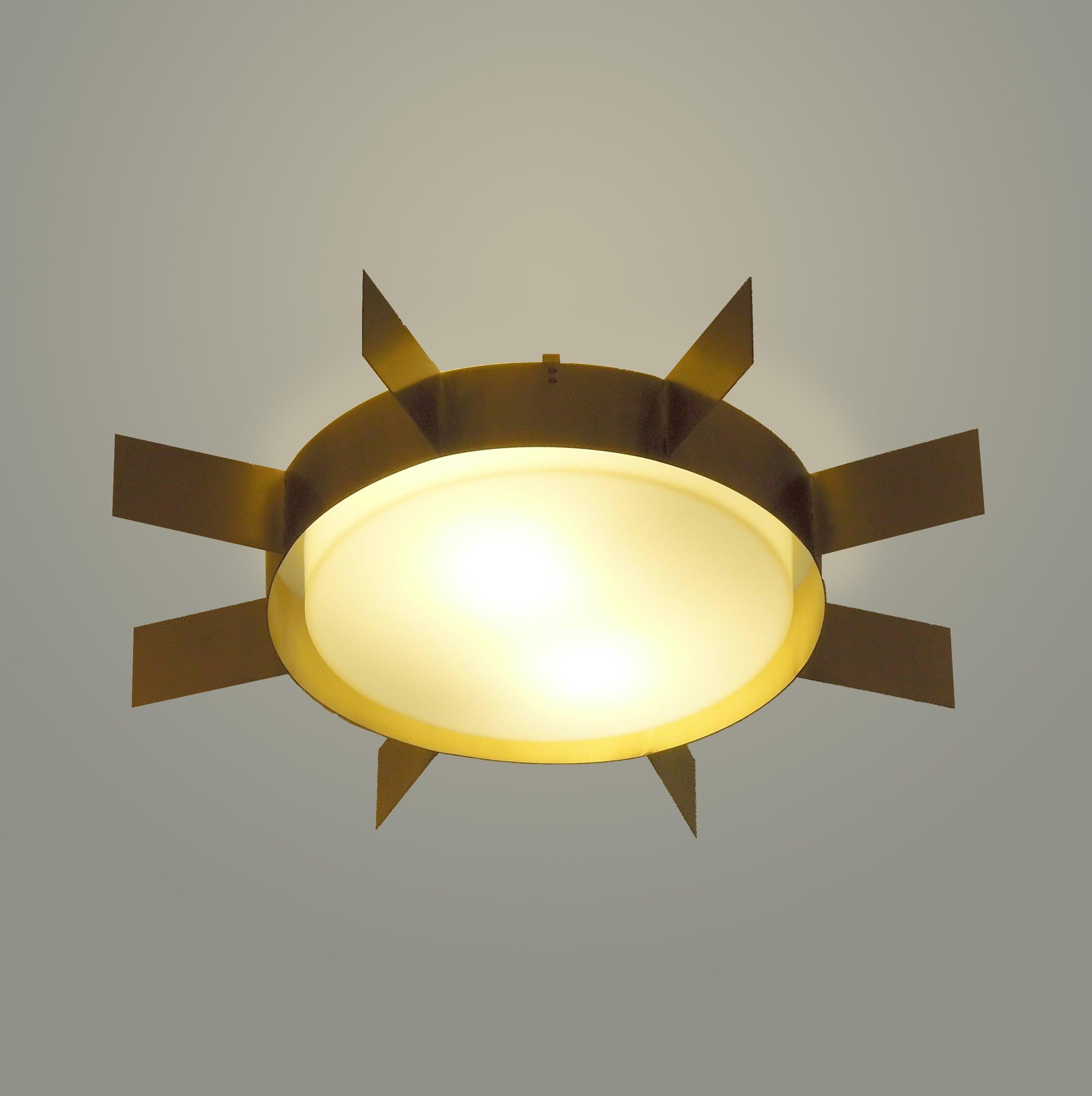 Wall ceiling lamp sun, collection of 'Screen of Light' design by Gio Ponti Italy, in satined brass with a round opaline glass. Wall and ceiling sculpture light in satined brass, a lamp of timeless, iconic design. Handcrafted product, realised by