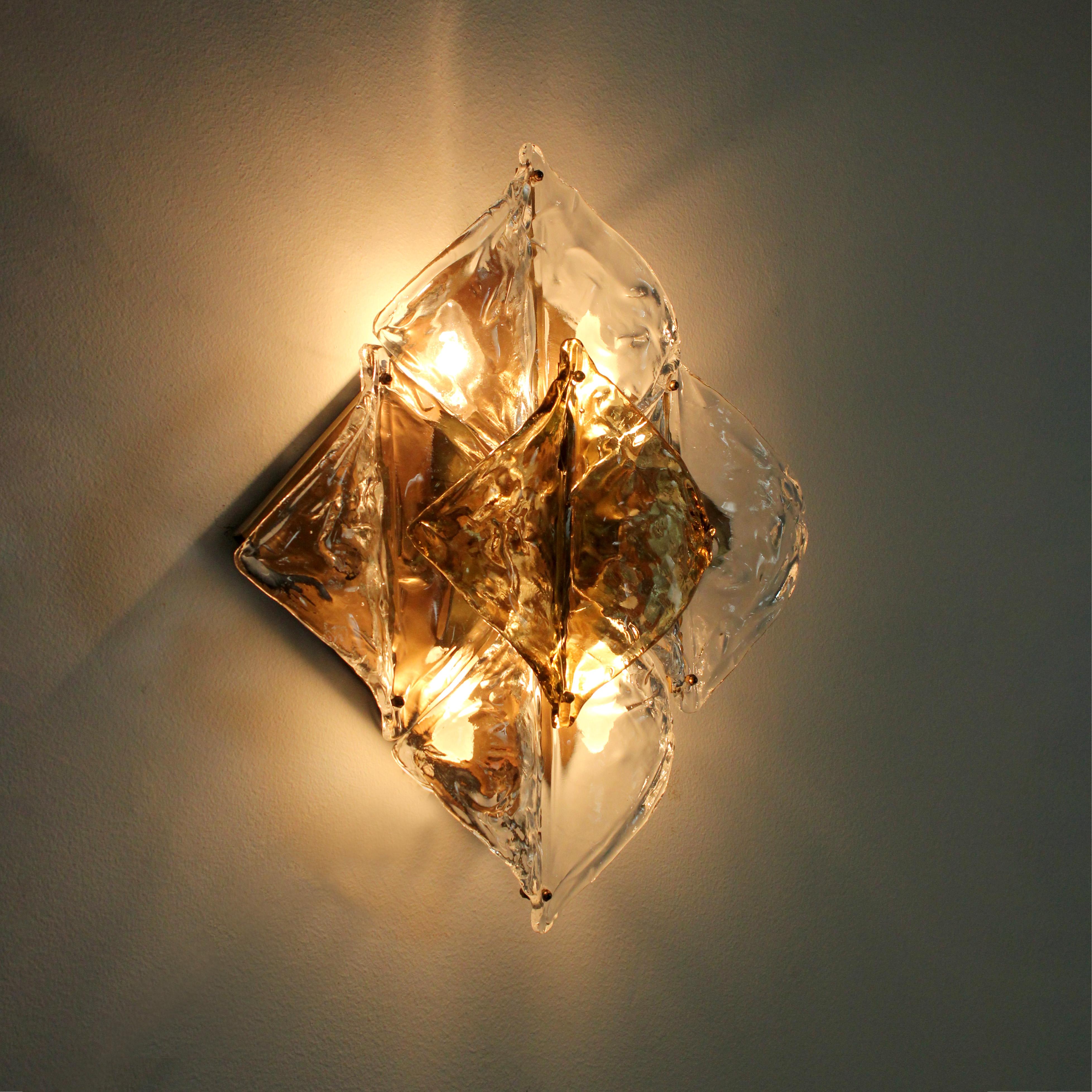 Late 20th Century Wall/ceiling light with gilt brass frame and clear and amber glass diffusers - For Sale