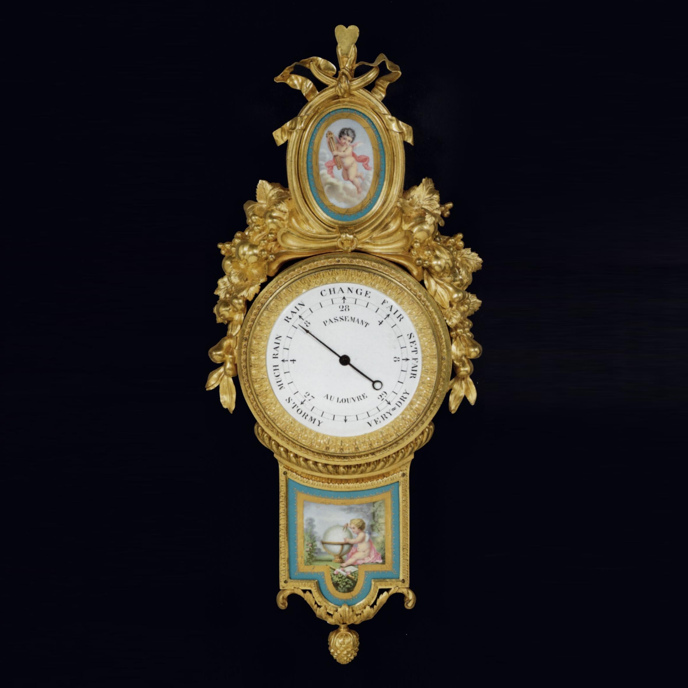 A very fine gilt-bronze wall clock and matching barometer with Sèvres Plaques.

The dial of the clock signed ‘JULIEN LEROY A PARIS’, the barometer dial signed ‘PASSEMANT AU LOUVRE’.

The eight day strike Wall Clock and its matching Barometer,