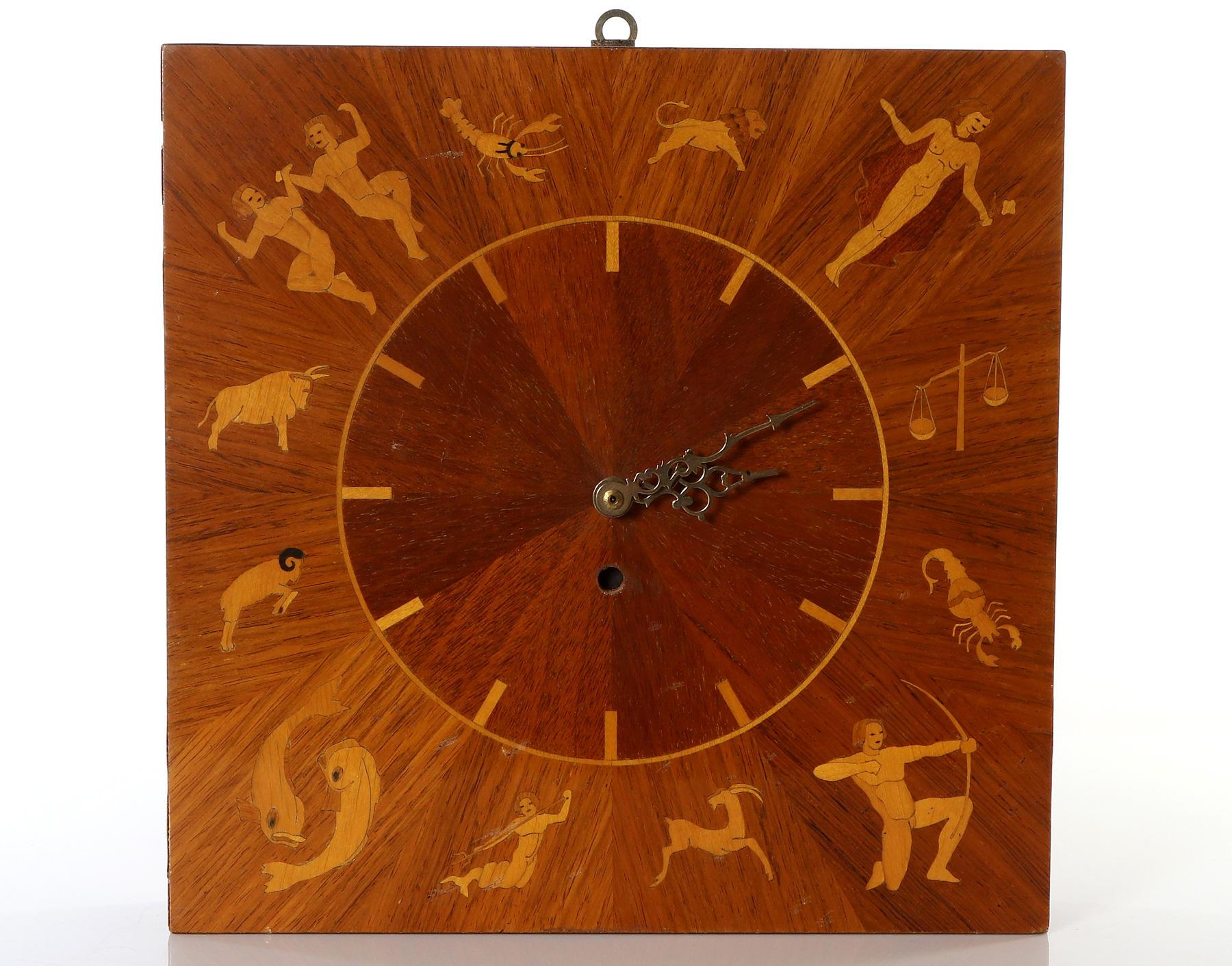 Art Deco Wall Clock Attributed to Mjolby Intarsia from the Late 1930s