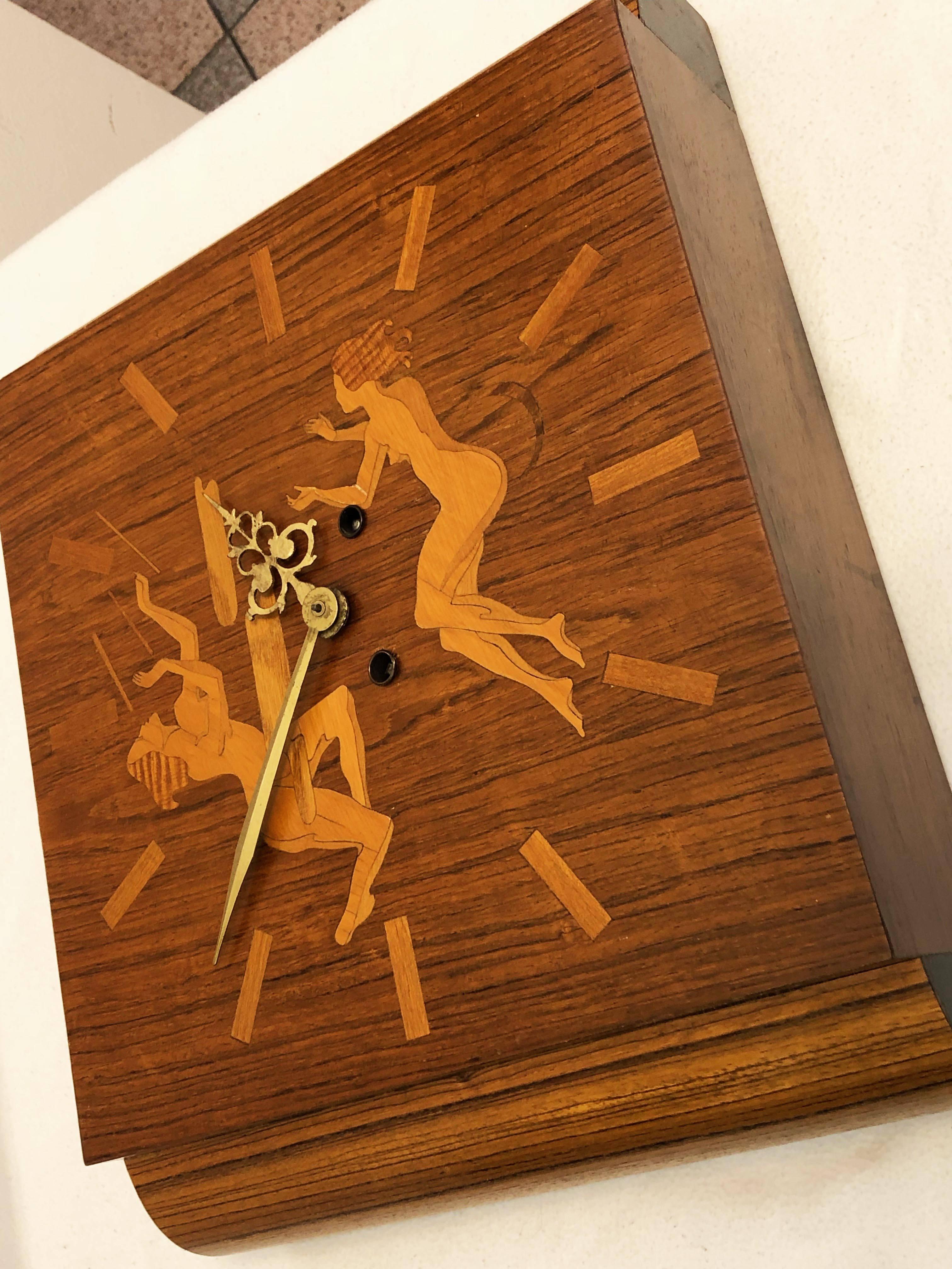 Mid-20th Century Wall Clock Attributed to Mjolby Intarsia from the Late 1930s For Sale