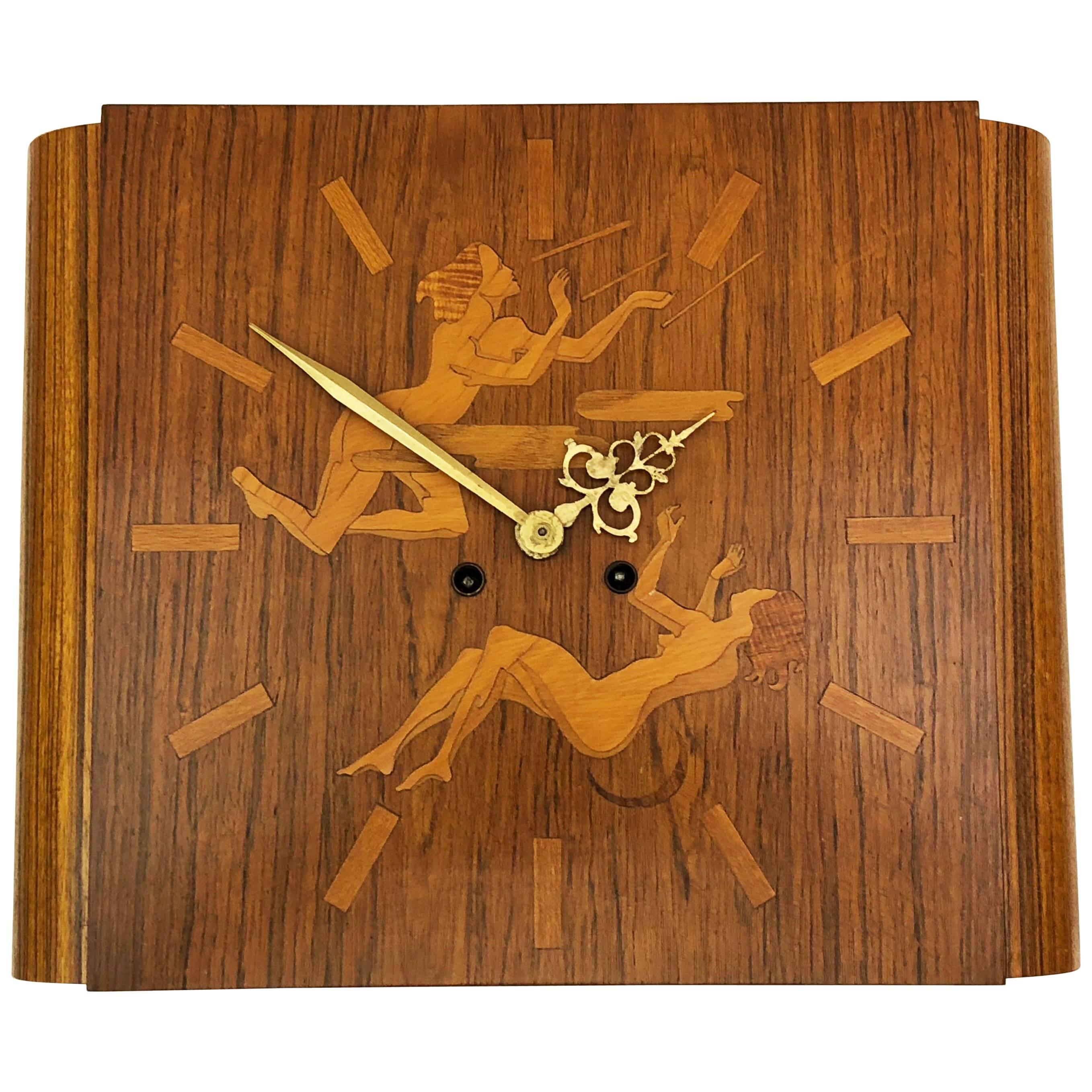 Wall Clock Attributed to Mjolby Intarsia from the Late 1930s For Sale