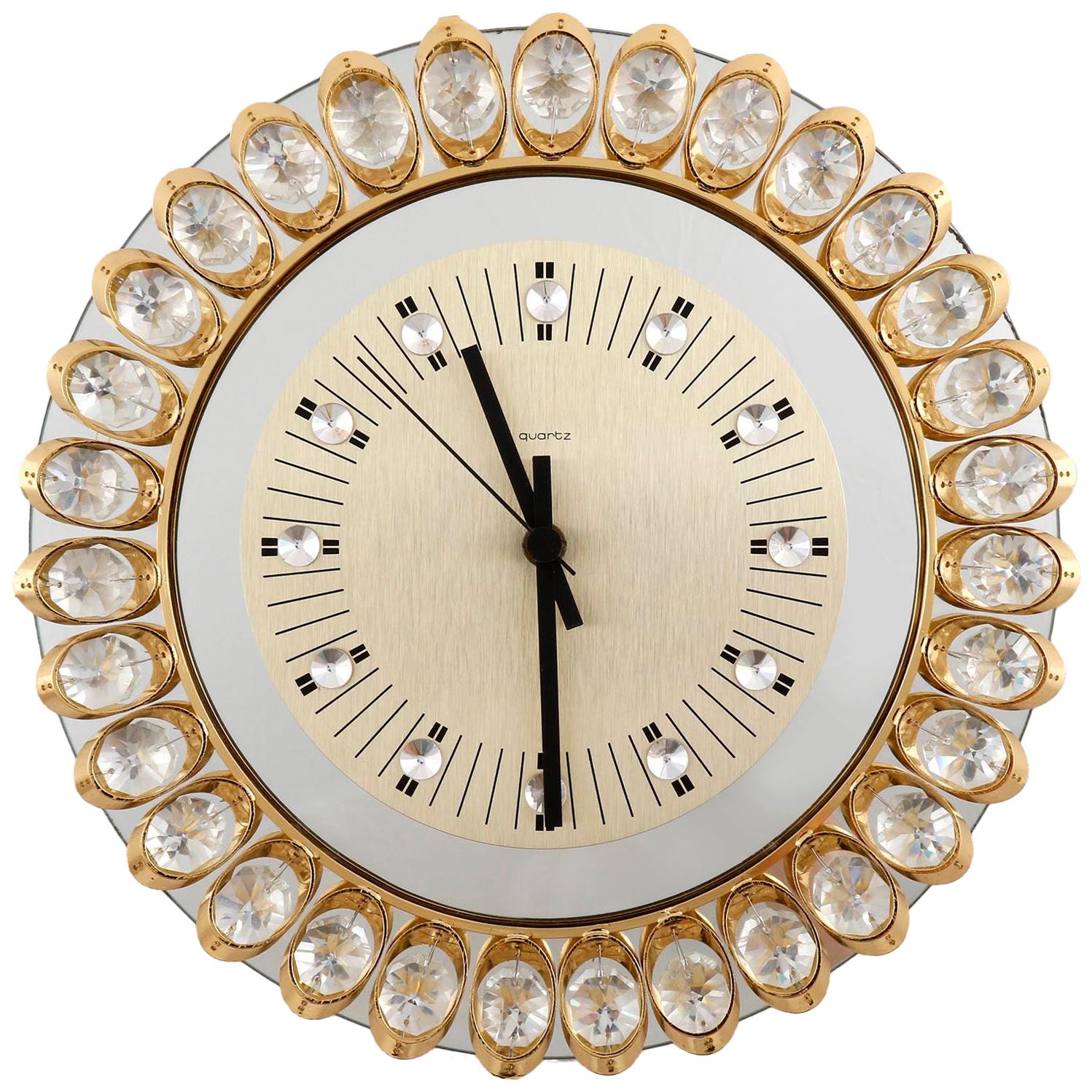 Wall Clock by Junghans, Germany, Gold Crystal Glass Mirror, 1970s