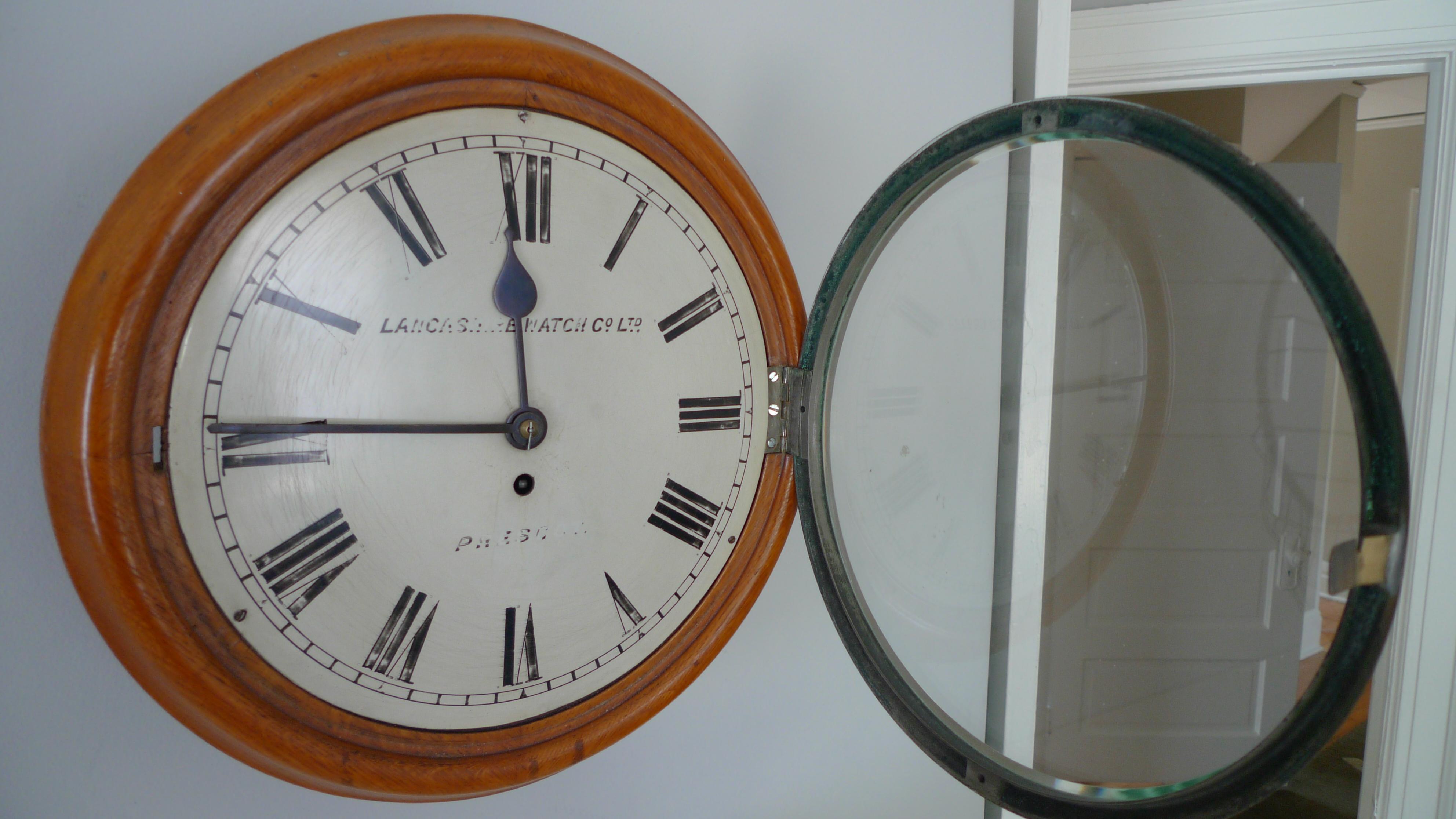 Victorian Wall clock by Lancashire Watch Co. from rail station, late 19th cent. Ships free For Sale