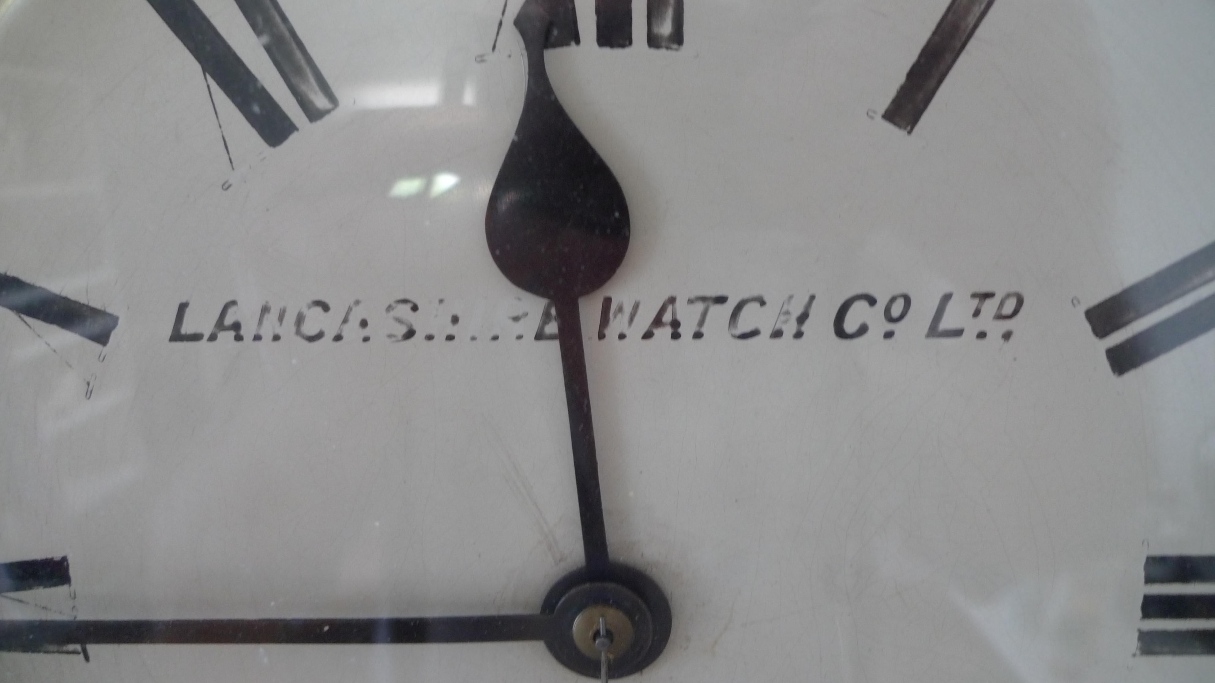 English Wall clock by Lancashire Watch Co. from rail station, late 19th cent. Ships free For Sale