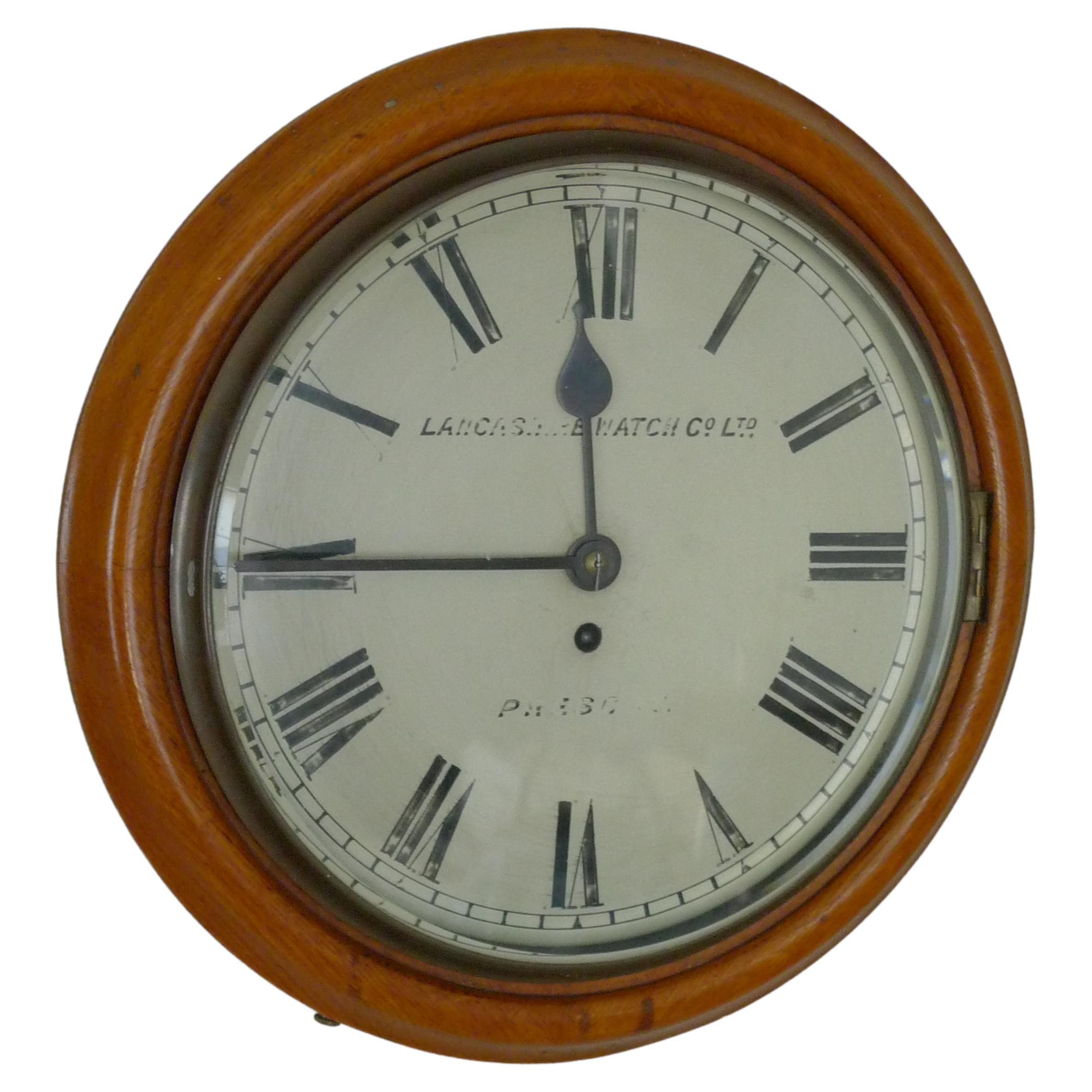 Wall clock by Lancashire Watch Co. from rail station, late 19th cent. Ships free For Sale