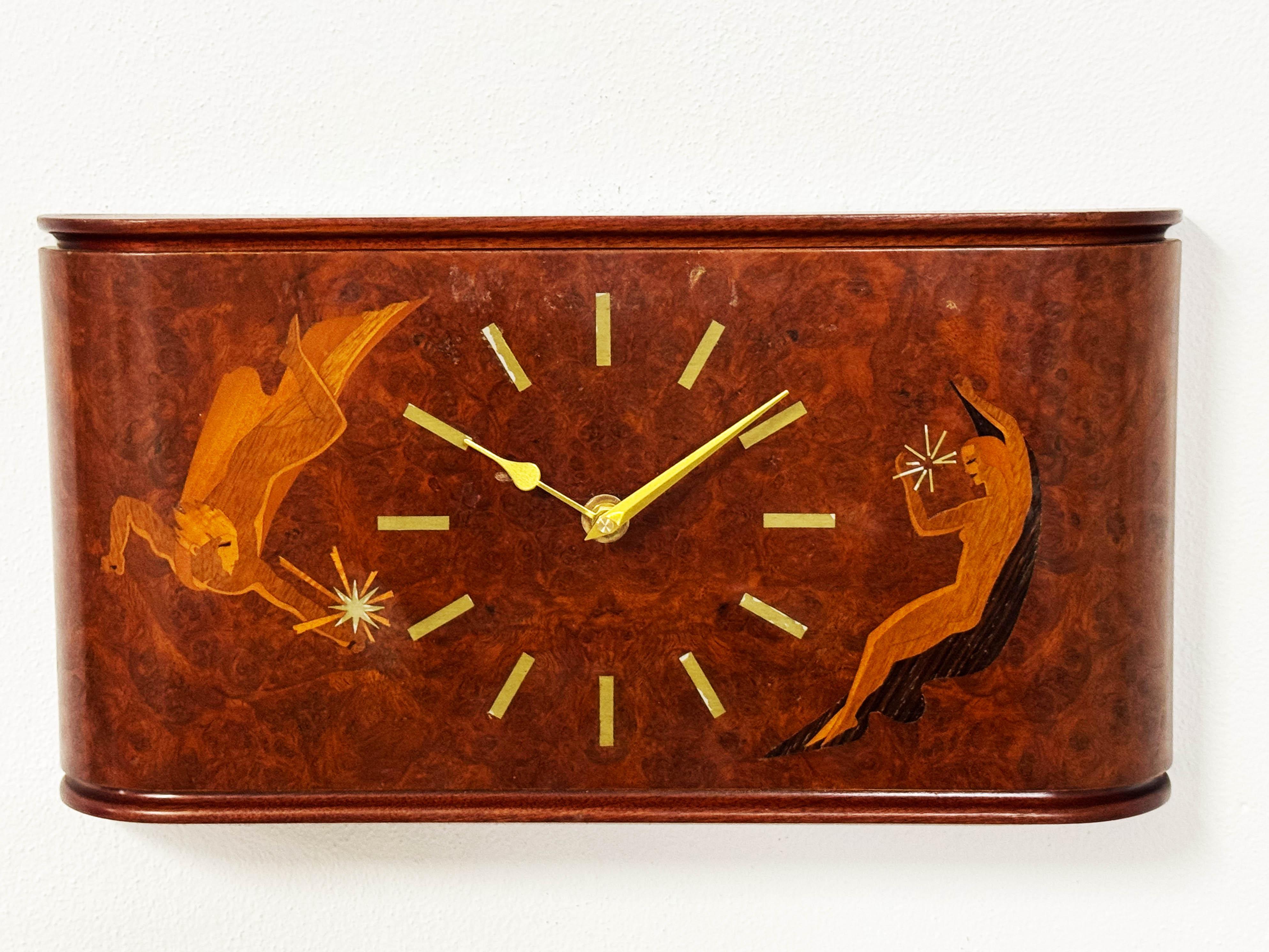 Mid-20th Century Wall Clock by Mjolby Intarsia from the Late 1930s