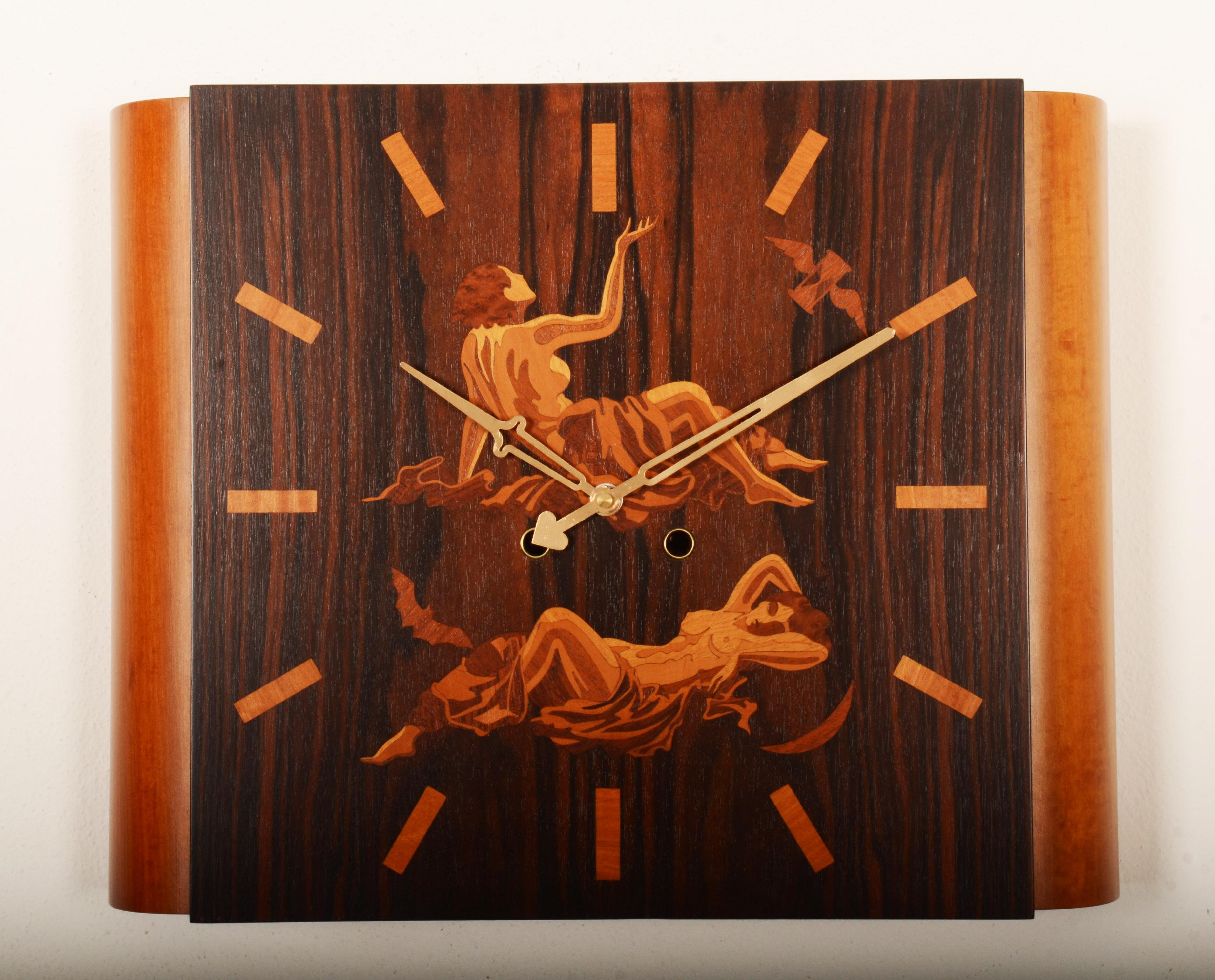 Art déco Horloge murale Eos & Diana de Gerhard Malmberg pour Mjolby Intarsia en vente