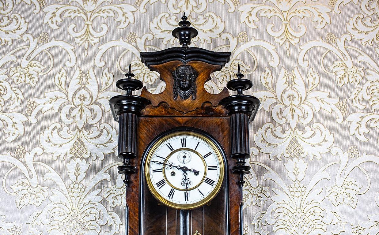 European Wall Clock from the Late 19th Century in Brown Walnut Case