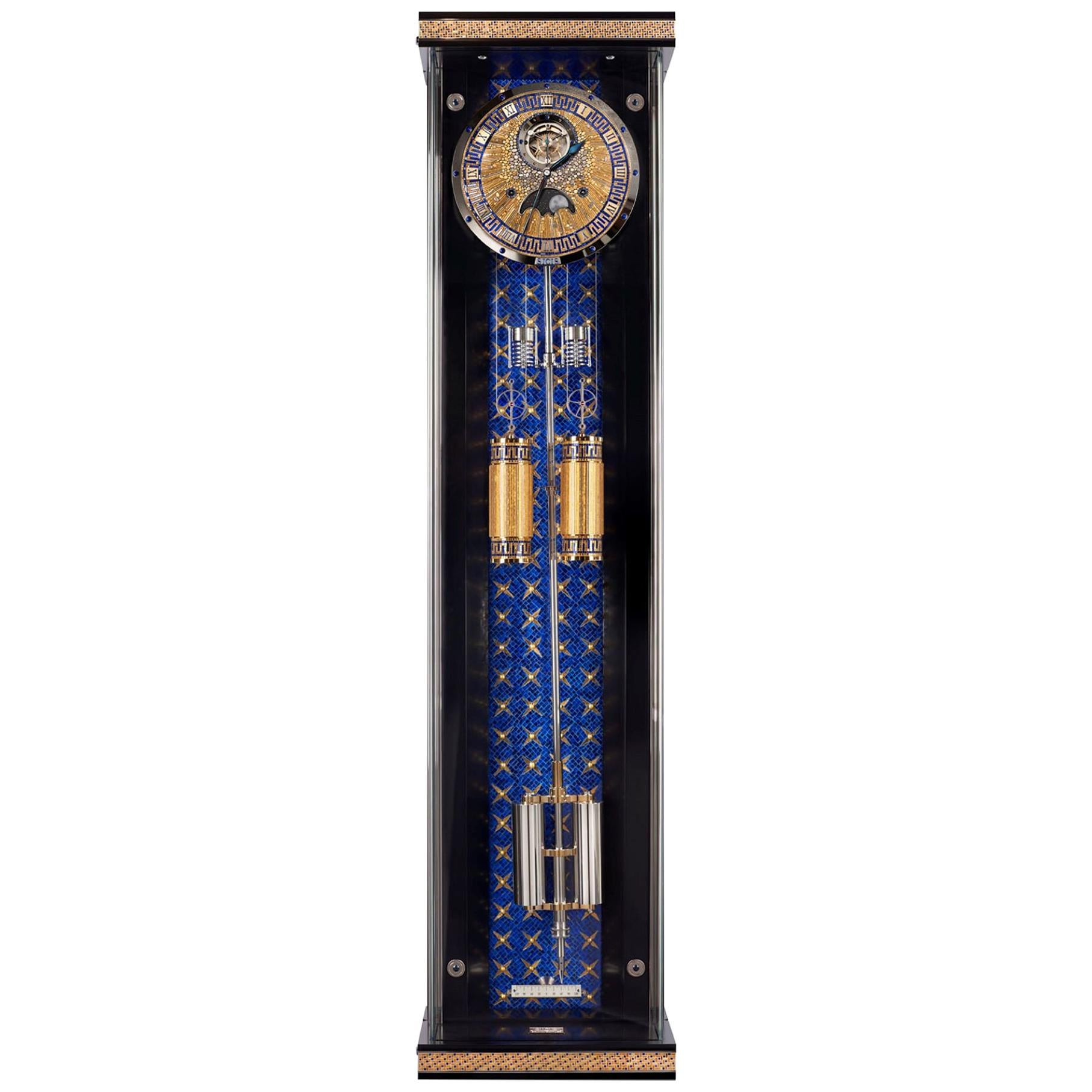 Wall Clock Gold-Plated Gold Pearls Sapphire Lapis Lazuli Erwin Sattler Movement For Sale