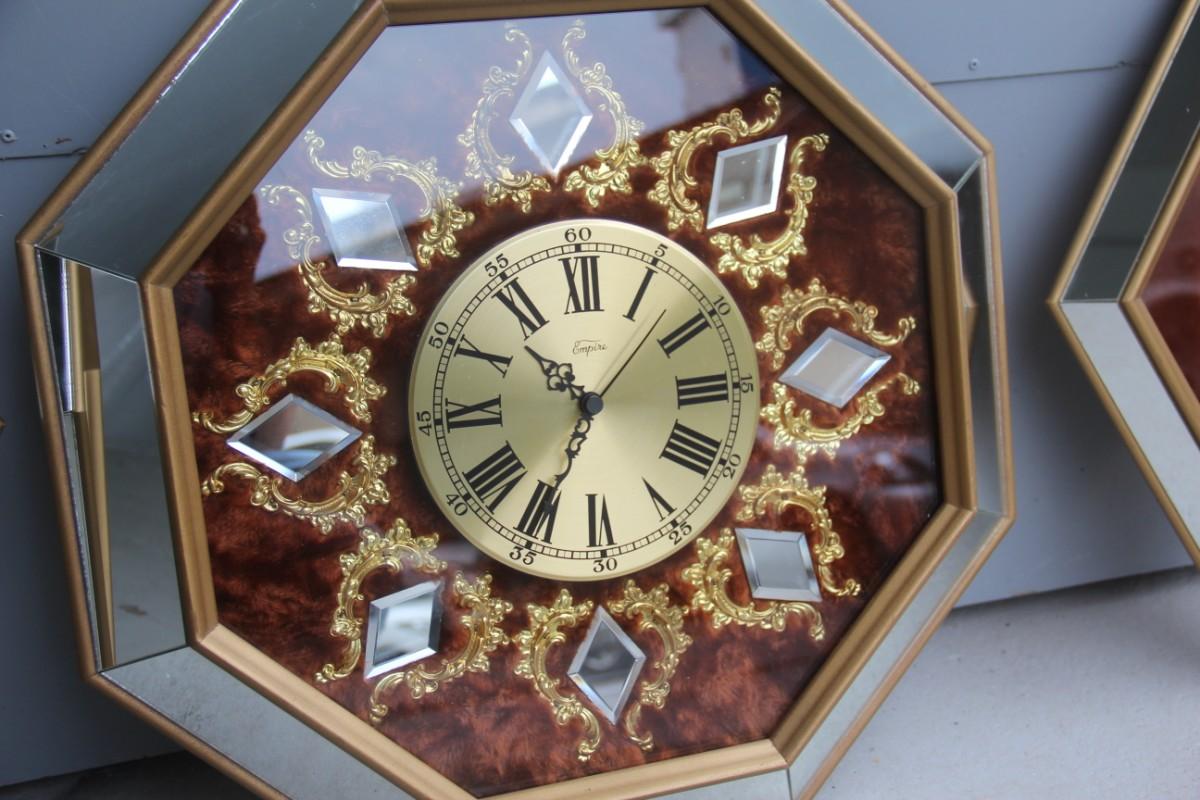 Wall clock in brass velvet Hexagonal and Rhombus mirrors made in Italy, 1960s , 
very special objects and taste, even hanging on a beautiful wall paper as fashionable in our days, special and out of production items of furniture, originality and