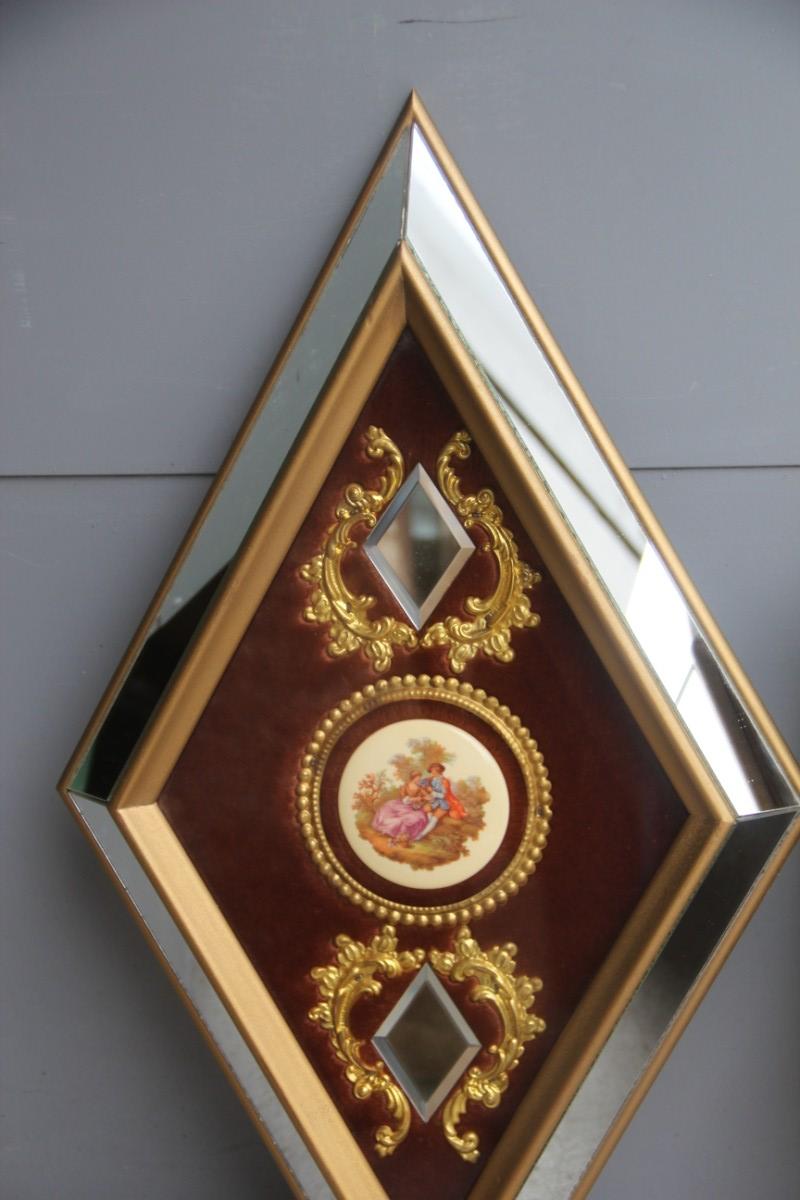 Wall Clock in Brass Velvet Hexagonal and Rhombus Mirrors Made in Italy, 1960s In Good Condition In Palermo, Sicily