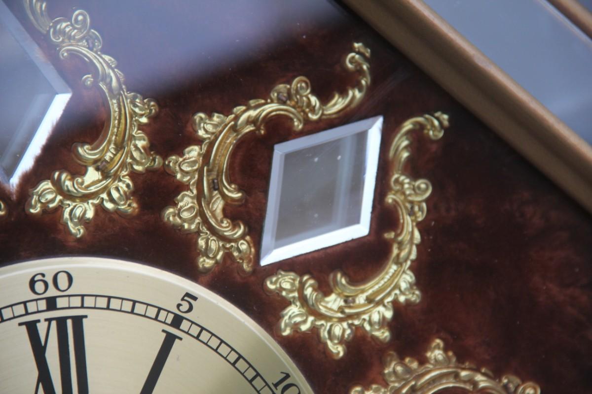 Mid-20th Century Wall Clock in Brass Velvet Hexagonal and Rhombus Mirrors Made in Italy, 1960s