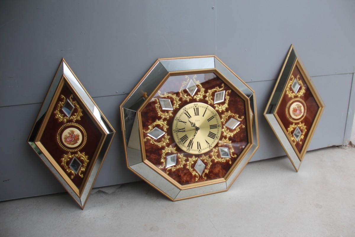 Wall Clock in Brass Velvet Hexagonal and Rhombus Mirrors Made in Italy, 1960s 1