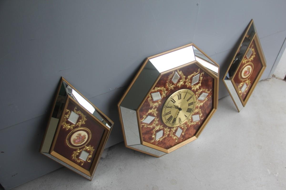 Wall Clock in Brass Velvet Hexagonal and Rhombus Mirrors Made in Italy, 1960s 2