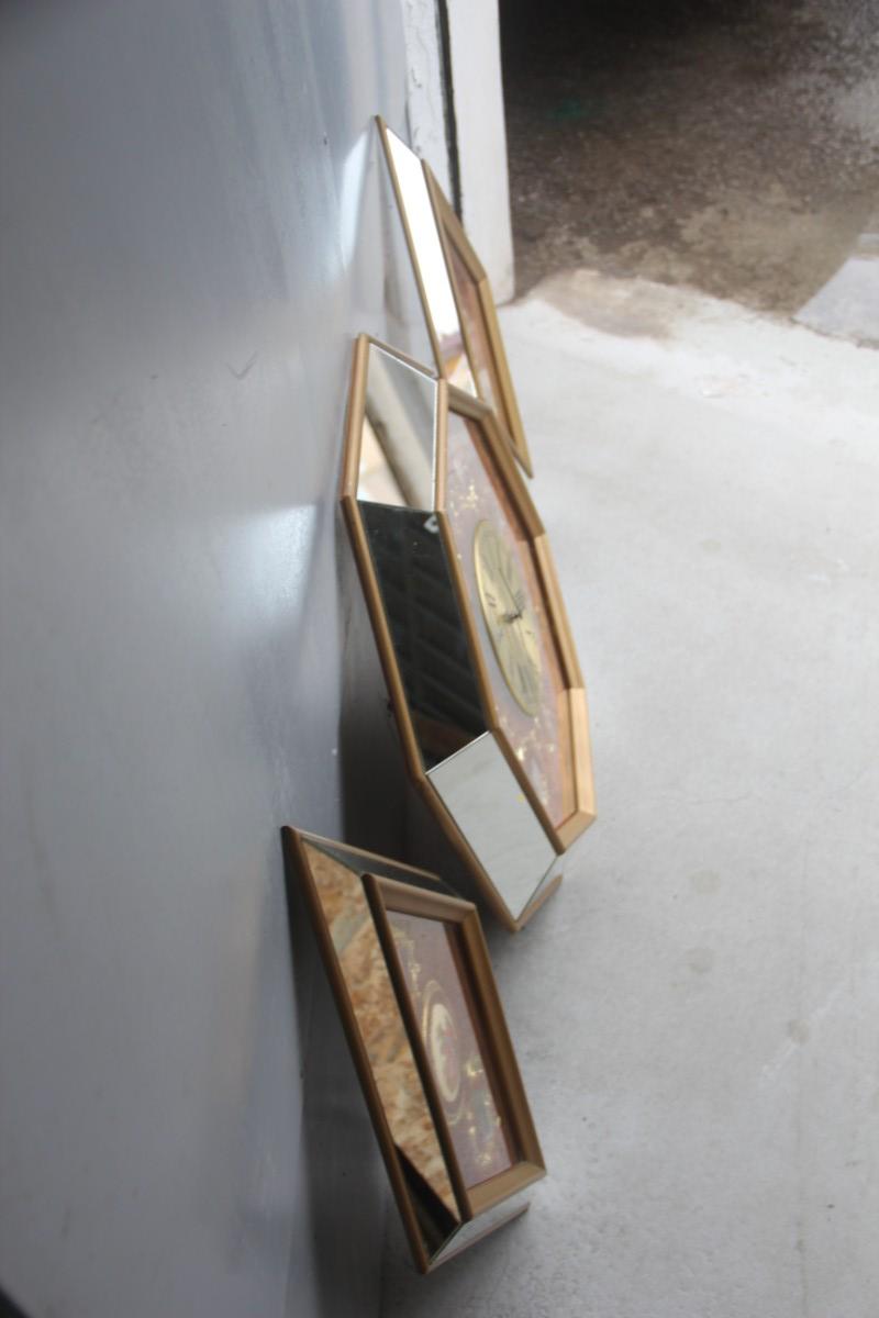 Wall Clock in Brass Velvet Hexagonal and Rhombus Mirrors Made in Italy, 1960s 3