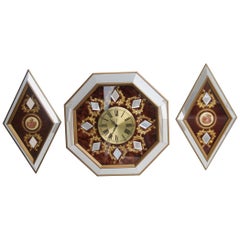Wall Clock in Brass Velvet Hexagonal and Rhombus Mirrors Made in Italy, 1960s