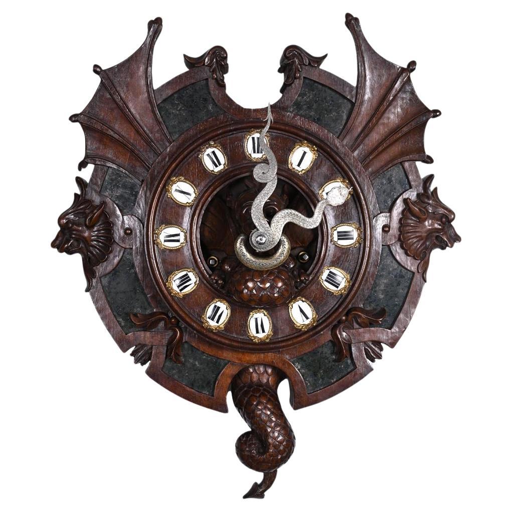 Wall Clock in Carved Wood and Hardstone – 19th Century For Sale