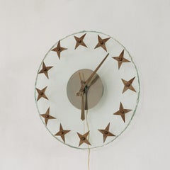 Art Deco Wall Clock in Rough Edged Glass with Brass Stars 1940s