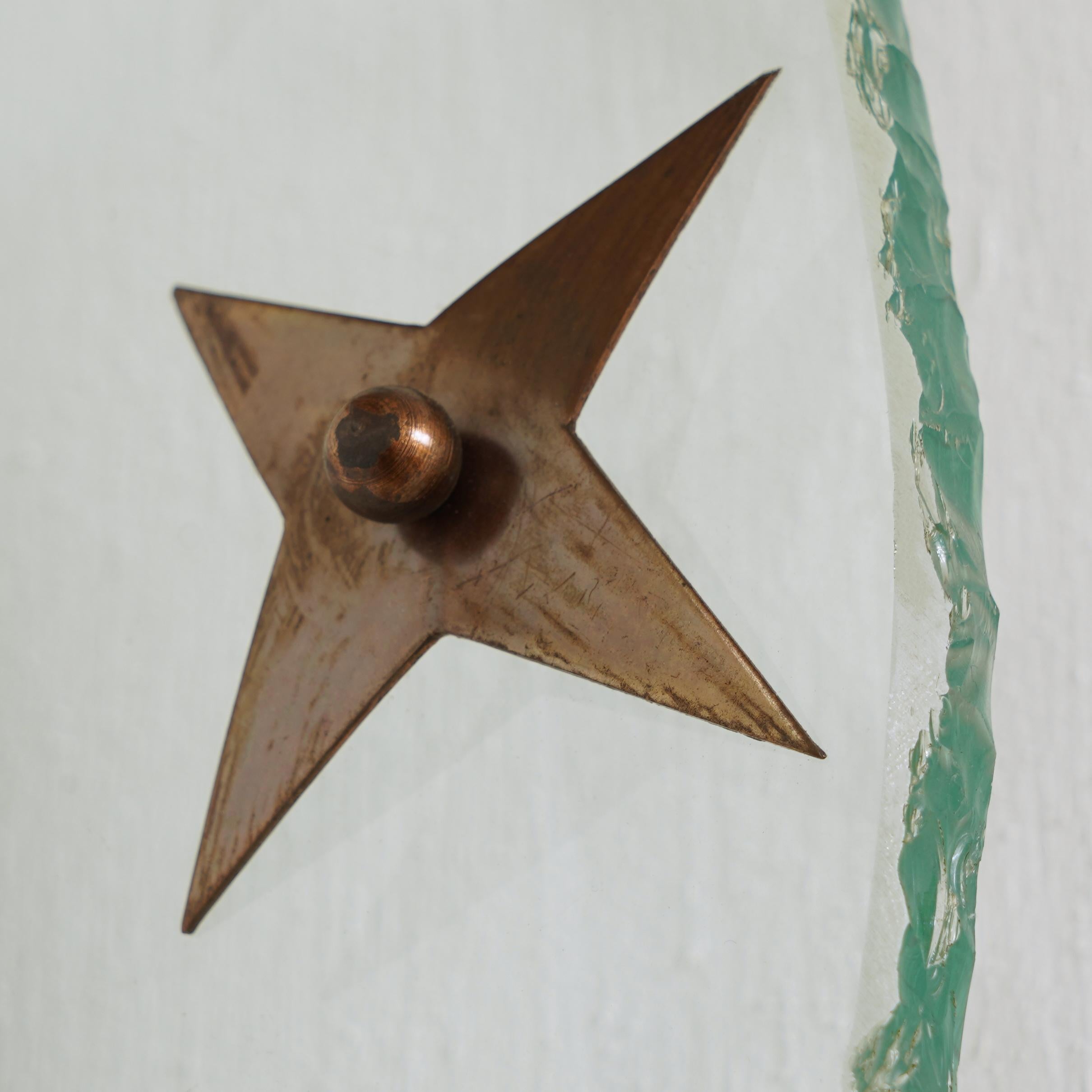 Unknown Art Deco Wall Clock in Rough Edged Glass with Brass Stars 1940s For Sale