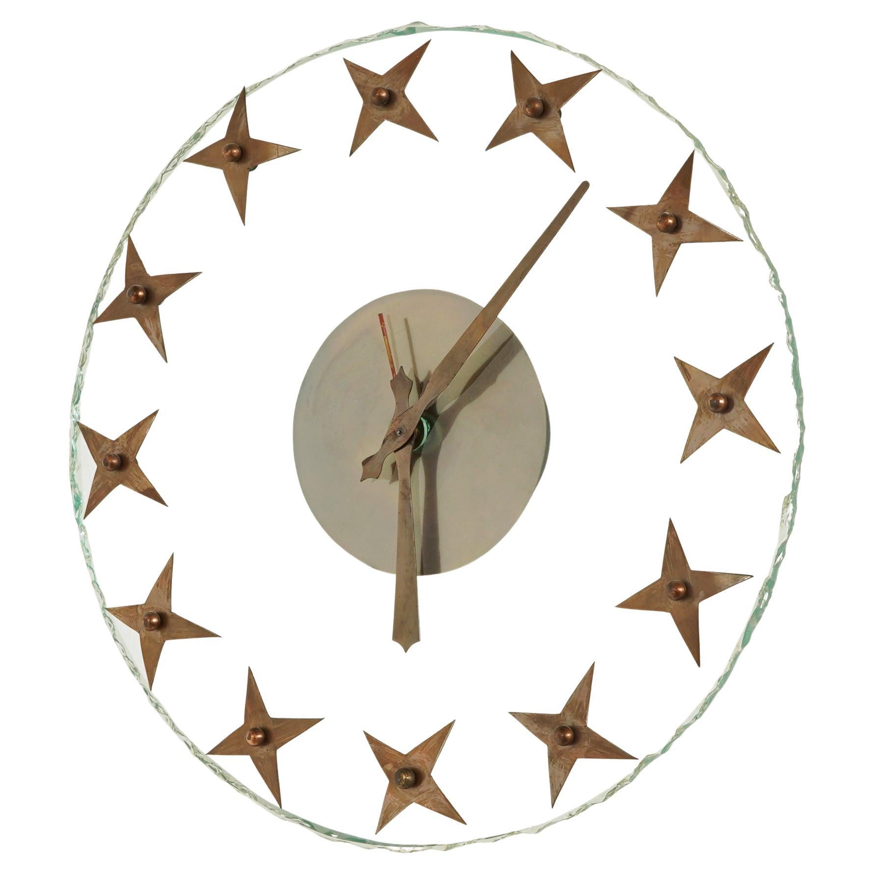 Art Deco Wall Clock in Rough Edged Glass with Brass Stars 1940s For Sale