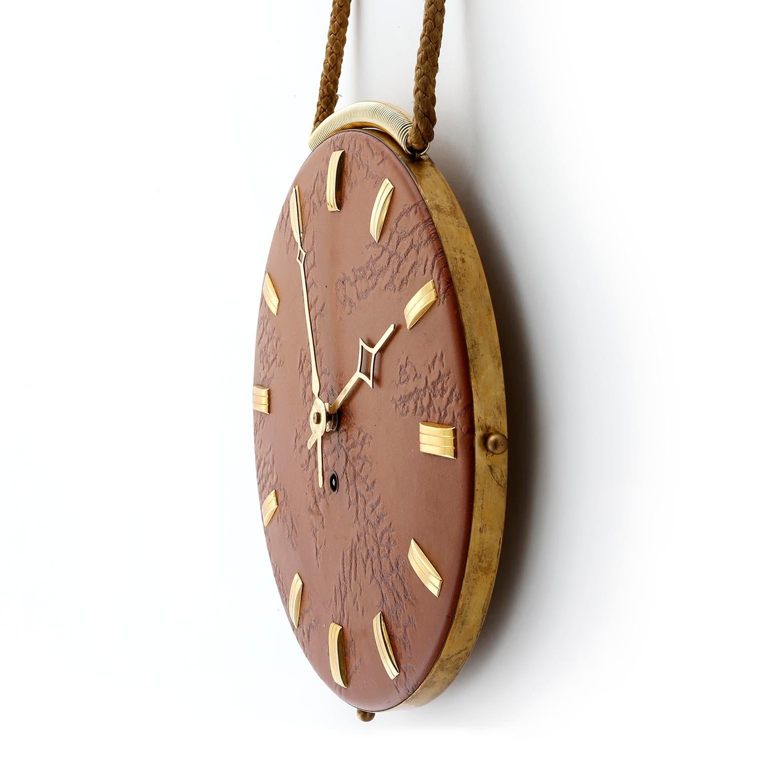 Mid-Century Modern Wall Clock Leather Brass, 1960s For Sale