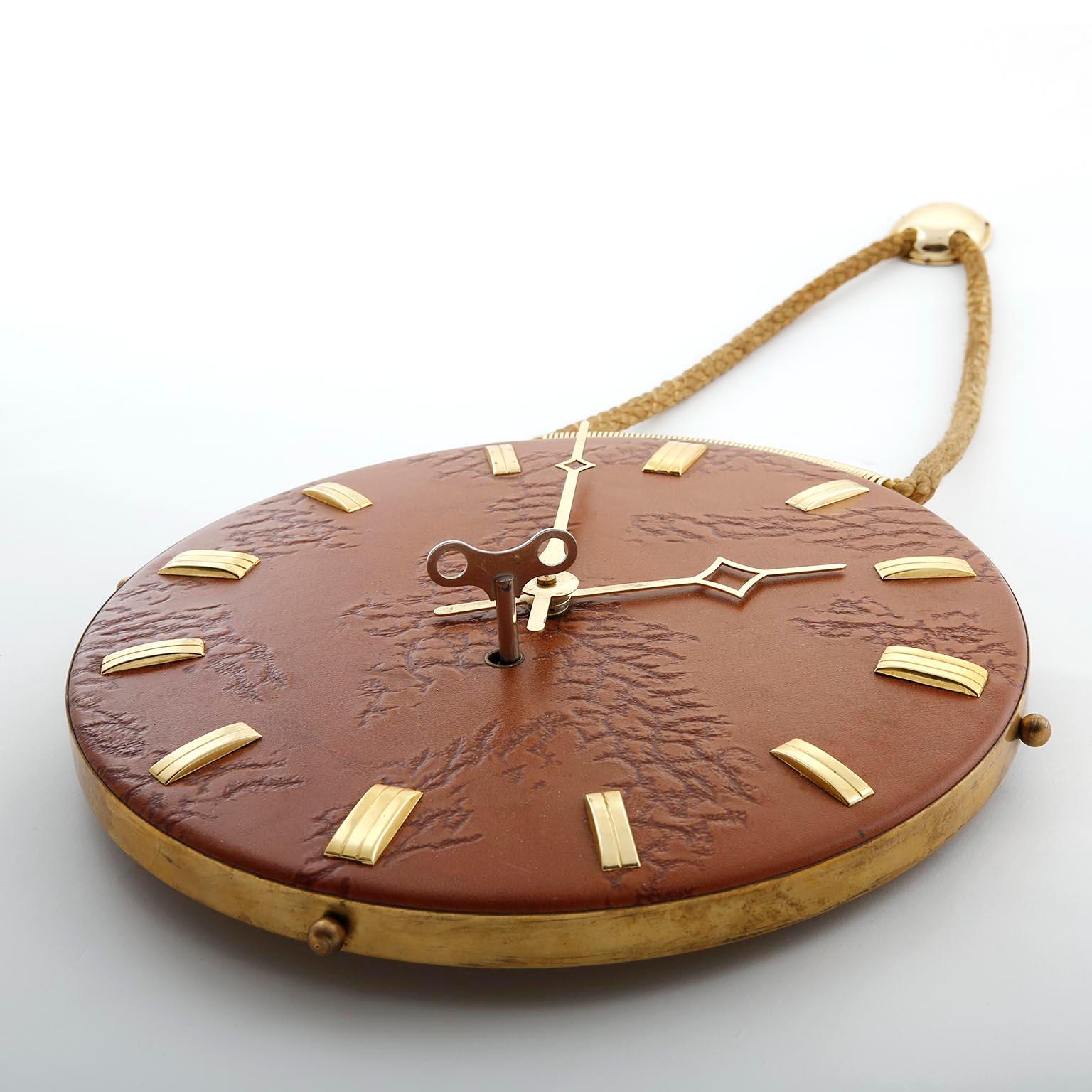 Italian Wall Clock Leather Brass, 1960s For Sale