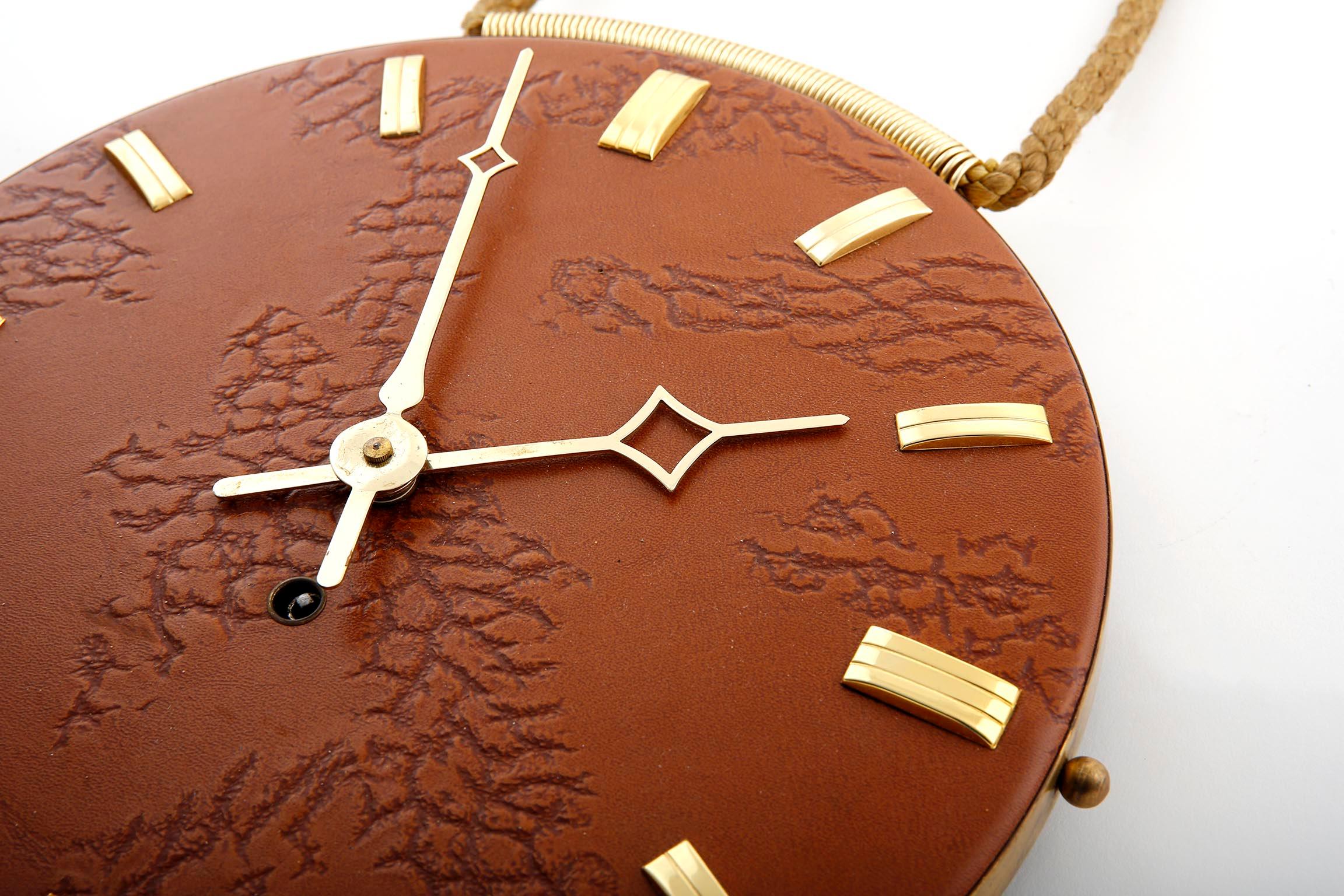 Mid-20th Century Wall Clock Leather Brass, 1960s For Sale