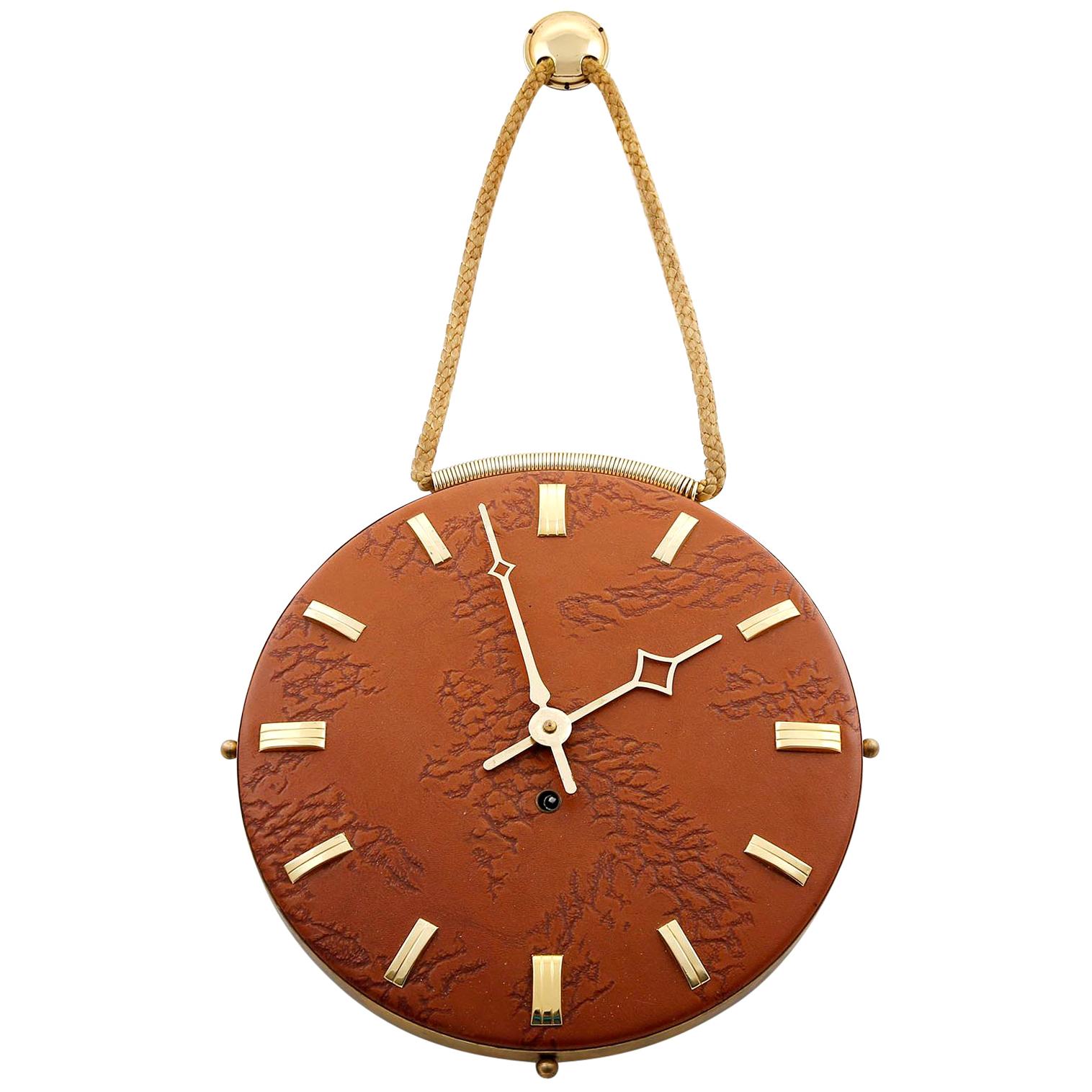 Wall Clock Leather Brass, 1960s For Sale