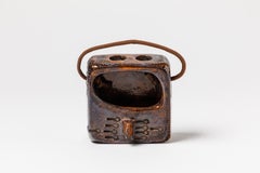 Wall Colored Ceramic Vase with Leather circa 1950 by Juliette Derel Vallauris