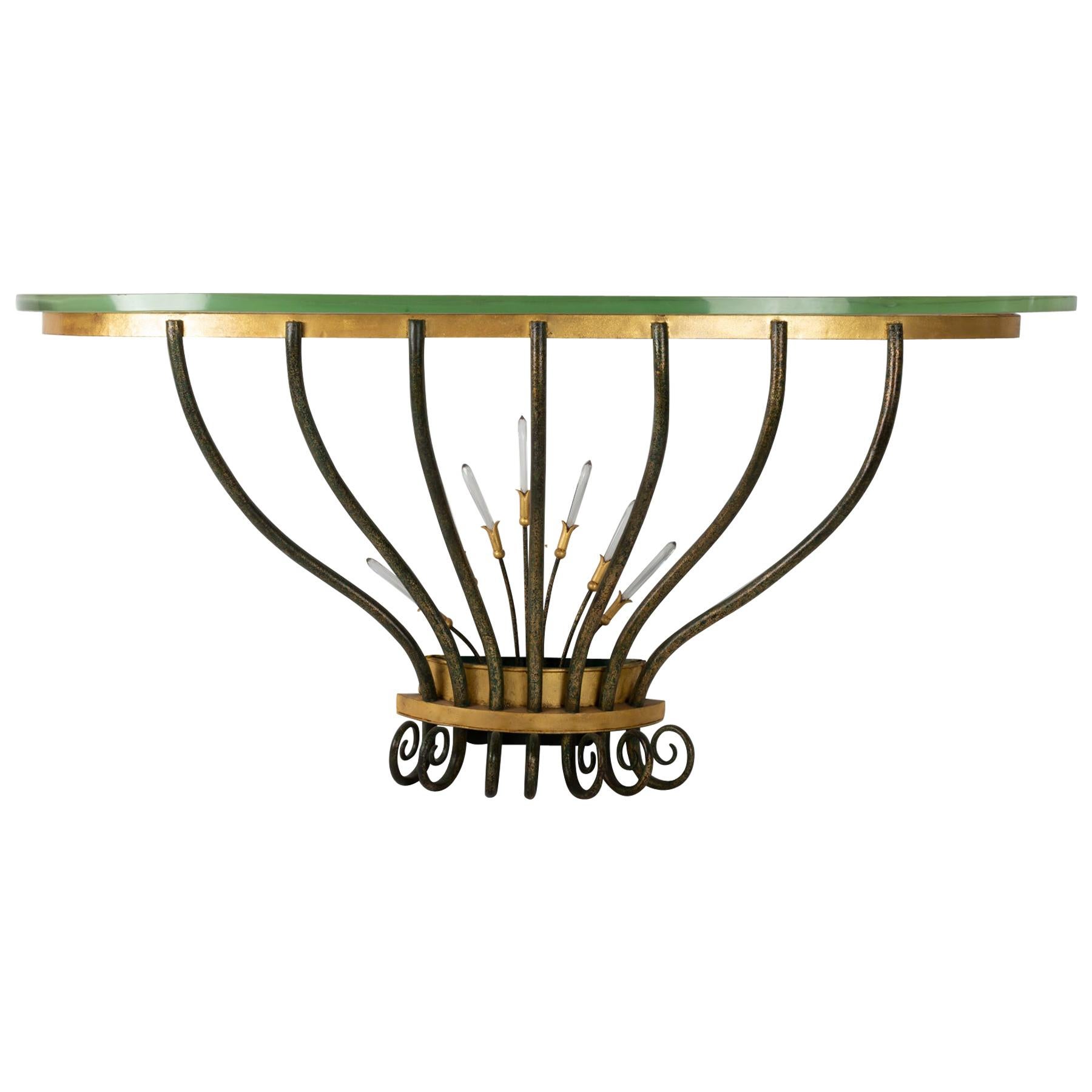 Wall console, Golden and Antique Wrought Iron, Crystal Pendants